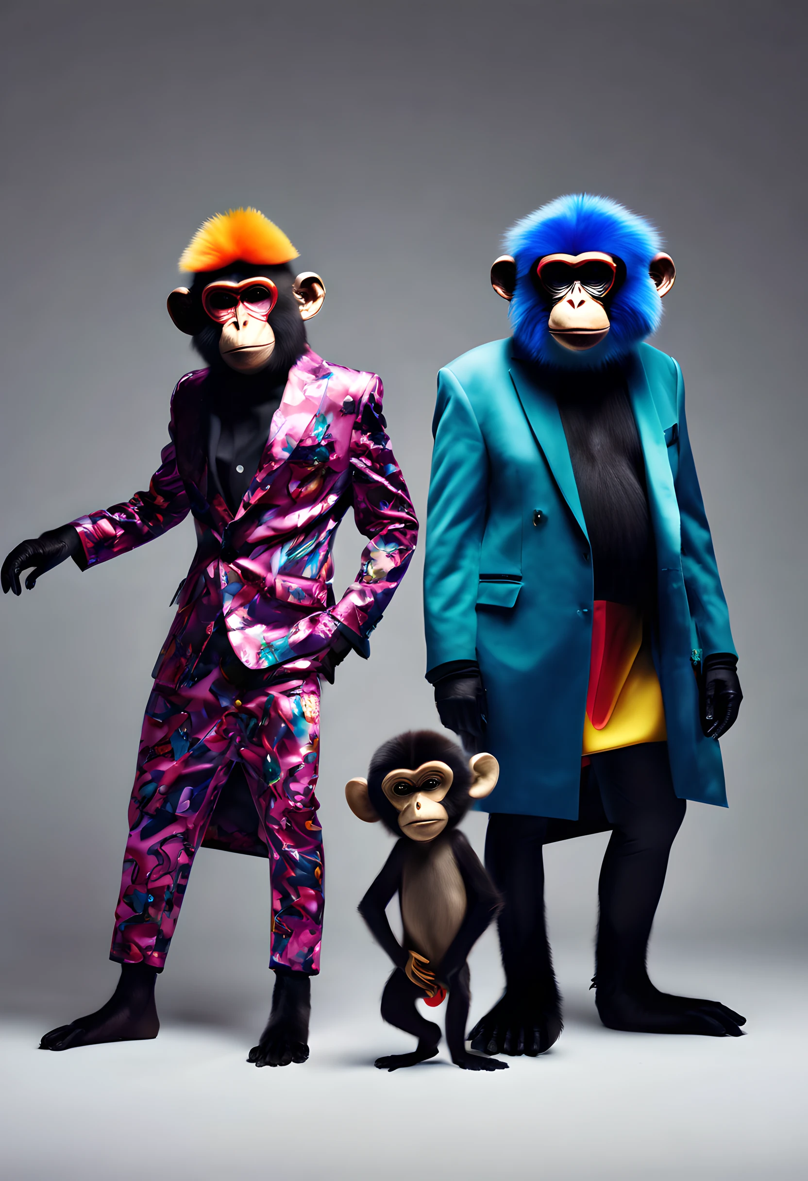 Get ready for a fashion show full of attitude with this captivating prompt featuring anthropomorphic animals, where mischievous monkey models rock edgy and unconventional outfits with confidence. The composition captures the playful and energetic nature of the monkey models, with their bold fashion choices and expressive poses commanding attention. The use of dynamic lighting and vibrant colors adds to the rebellious and avant-garde vibe of the event, pushing the boundaries of fashion and creativity. Directed by renowned fashion photographer Nick Knight