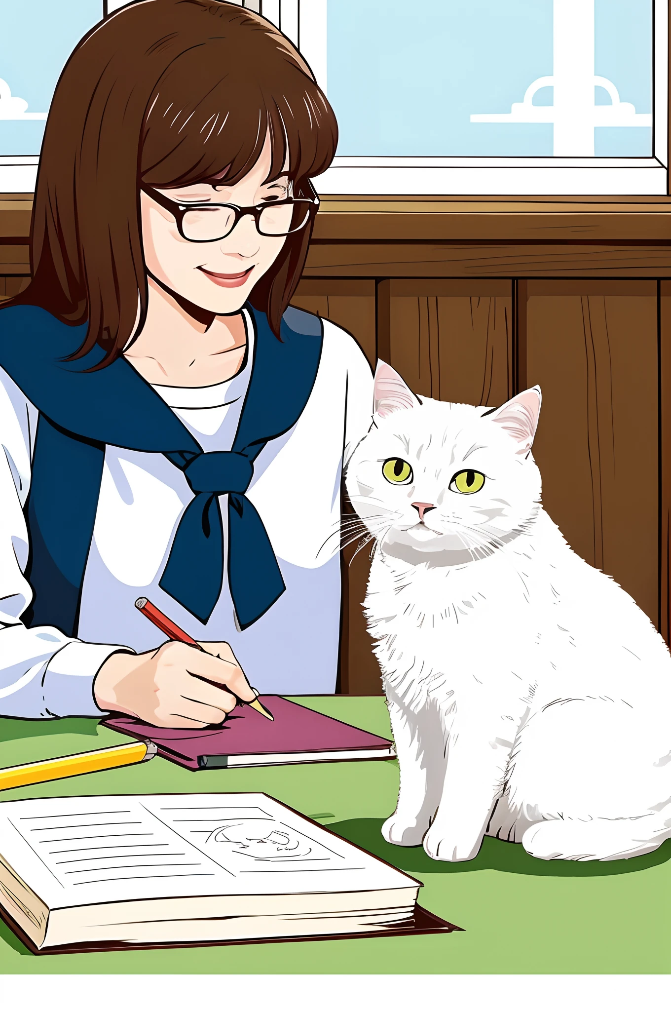Using this image as a base、Replace it with an image of a white cat stretching. femele, Look up and smile.