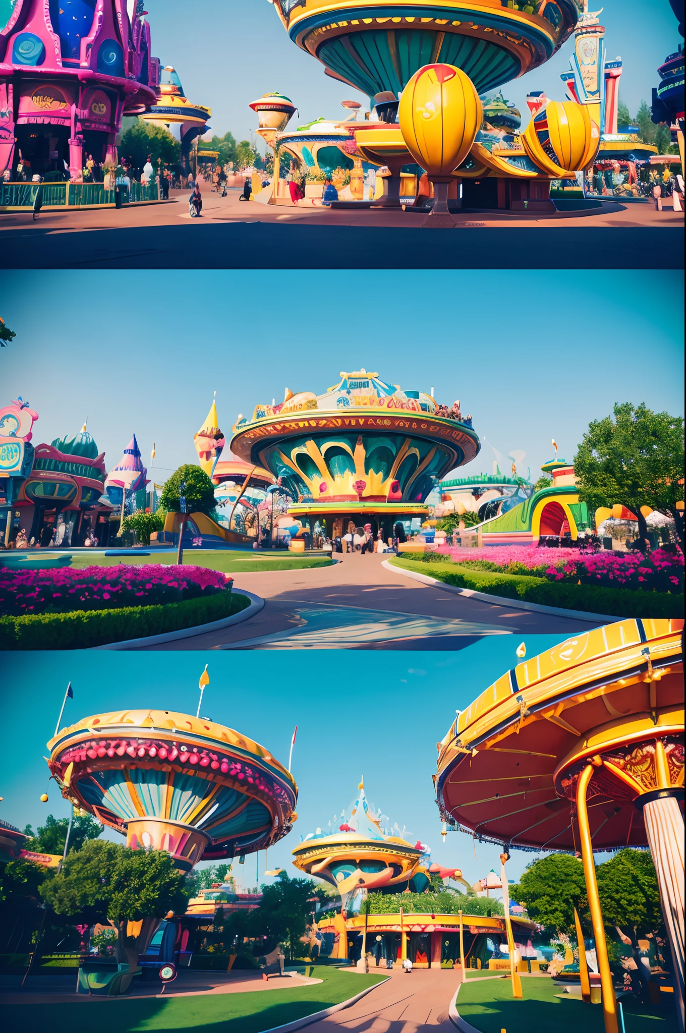 Future life、A colorful amusement park by the lake . There is sunshine. 8k photo, Massive landscape、City of Shambhala, Futuristic Progress Megapolitan City、Unique buildings、Evolved Machines、Evolved Buildings、A clear sky、Clear air、View from the ground、Clean air、Vibrant colors、reddish、green grass、amarelo、pink there、Disneyland of the future、Interesting characters、Interesting design、Theme parks of the future、Amusement park of the future、floating in the universe、the Ferris wheel，attraction，top-quality、​masterpiece、dream、Playground equipment that looks like fun、Weightless world、Clean lighting、A world full of life、utopian、planet earth、World of Dreams、Fantasia、𝓡𝓸𝓶𝓪𝓷𝓽𝓲𝓬、Harmonious design and colors、Harmony with nature、Clean buildings、Space City、A world far beyond human creation、Ultra HD, sharp. Canon EOS 5D Mark IV + Canon EF F1. Show off natural colors with 4L lenses - ar 16:7 - q 2 - c 1 - v 5.1