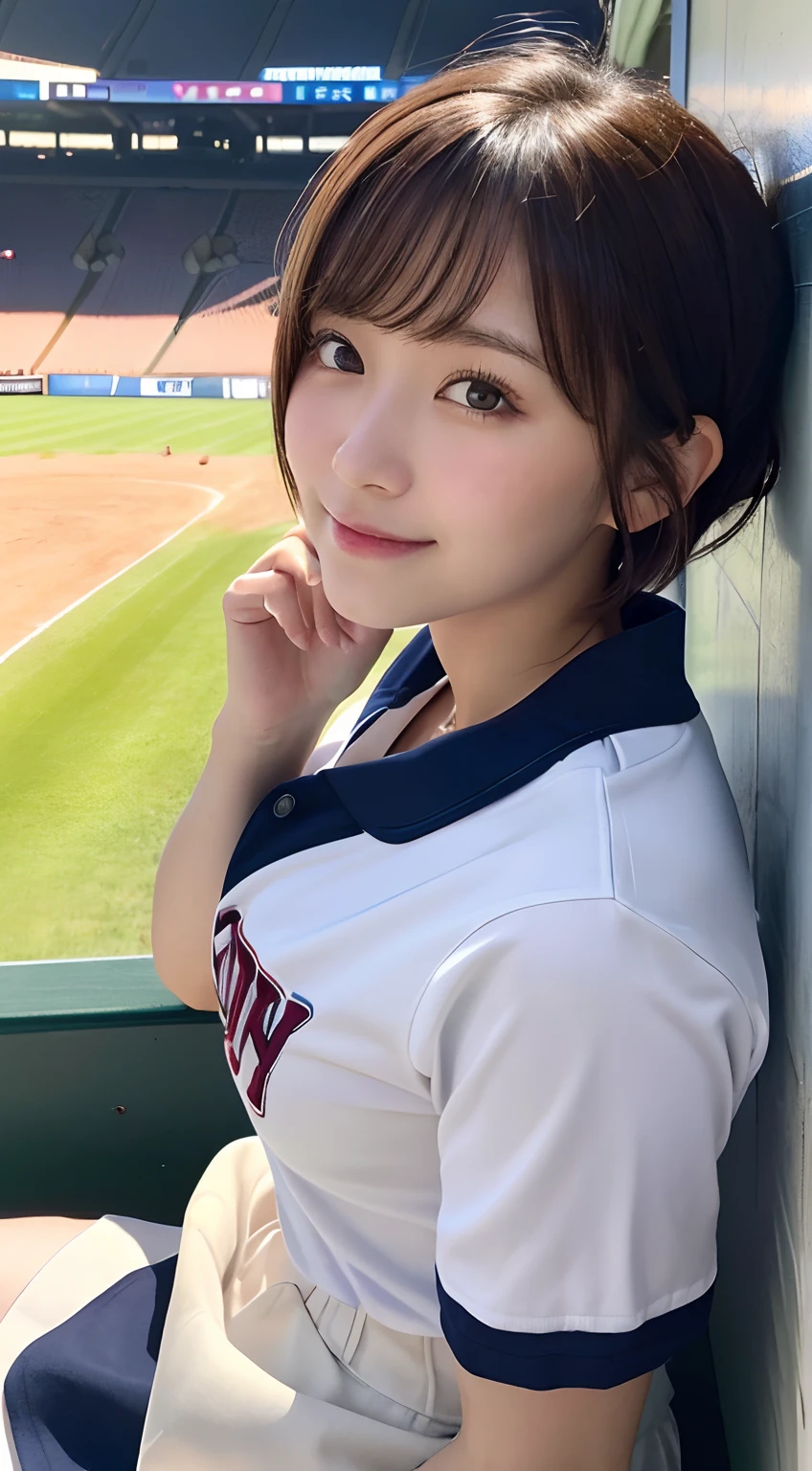 (top-quality,8K picture quality,masterpiece:1.3,),(超A high resolution:1.3,Photorealsitic:1.4,Raw photography:1.2),(ultra-detailliert:1.2,shinny skin,Detailed skin:1.1),(Detailed face,Perfect Anatomy,Caustics:1.2),(Girls cheering at the stadium:1.2),(Stand seats:1.1),(sitting in the seat:1.2),(Sideways face:1.2),(captured from behind:1.1),(sports ground),composition from the waist up,kawaii,japanes,22year old,Japanese ido,Natural brown hair,Curl short hair outward,Pretty eyes,natural make up,a smile,large boob,Oversized Baseball Uniform Shirt,White skirt,Professional Lighting,natural soft light,
