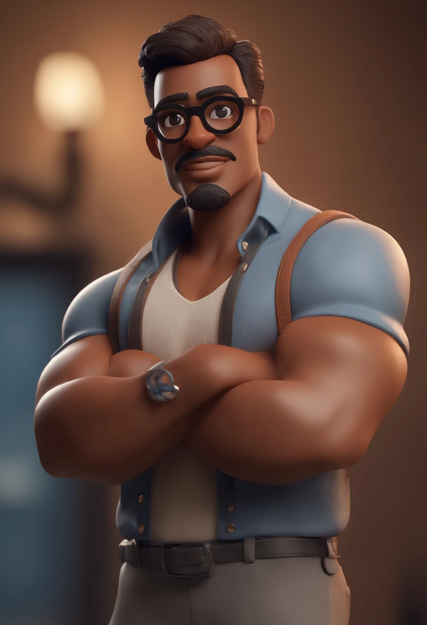 personagem dos desenhos animados de um homem Negro, cabelo crespo, with black glasses and blue shirt, animation character, Caractere estilizado, animation style rendering, 3D estilizado, Arnold Maya render, 3 d render stylized, toon render keyshot, Personagem 3D, Personagem 3D, 3d rendering stylized, 3 d character render, personagem de desenho animado, Personagem de close up, Pose de personagem,  (Estilo Pixar) (master part:1.2) (Bokeh) (best quality) (pele detalhada) (textura detalhada) (8k) (argila) (Cinematic lighting) (foco nítido