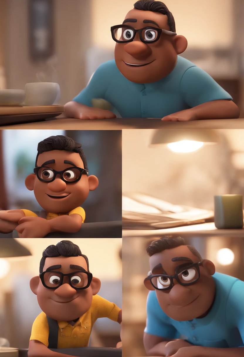 personagem dos desenhos animados de um homem Negro, cabelo crespo, with black glasses and blue shirt, animation character, Caractere estilizado, animation style rendering, 3D estilizado, Arnold Maya render, 3 d render stylized, toon render keyshot, Personagem 3D, Personagem 3D, 3d rendering stylized, 3 d character render, personagem de desenho animado, Personagem de close up, Pose de personagem,  (Estilo Pixar) (master part:1.2) (Bokeh) (best quality) (pele detalhada) (textura detalhada) (8k) (argila) (Cinematic lighting) (foco nítido