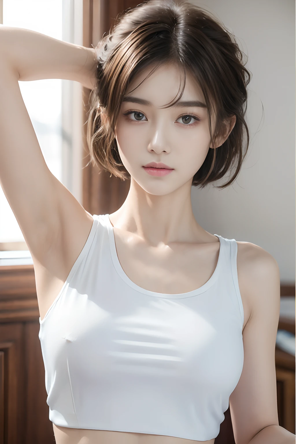 ((Best quality, 8k, Masterpiece :1.3)), 1girl, Pretty woman with emphasizing slender abs :1.3, (random hairstyles :1.2), Oversized tank top :1.2, Ultra-detailed face, Detailed eyes, Double eyelid, armpit