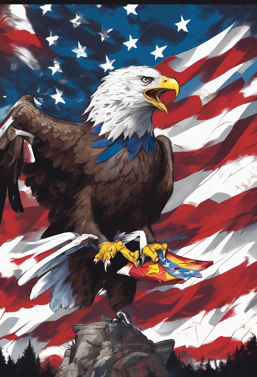 American Bald Eagle with the words “American Deals”in red white and blue above it. Holding a happy pikachu Pokémon in its talons
