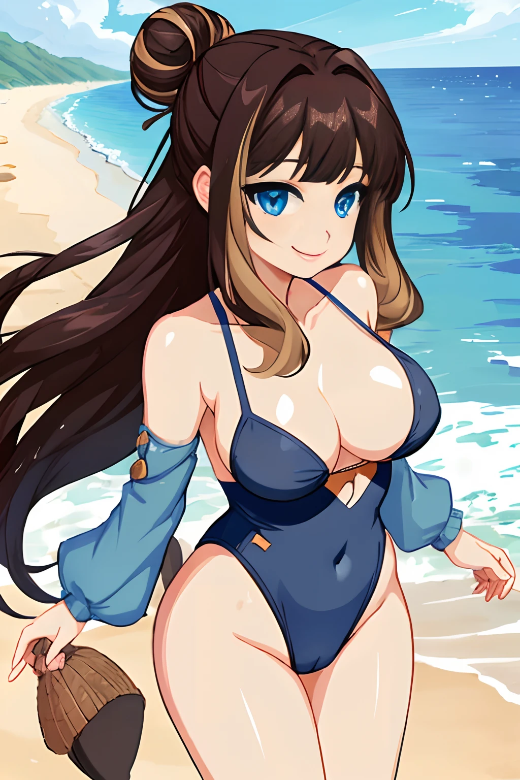 peanut, 1girl, solo,blue eyes, brown hair,multicolored hair, large breasts, smile, single hair bun, long hair, looking at viewer, breasts, swimsuit, beach, ocean, outdoors
