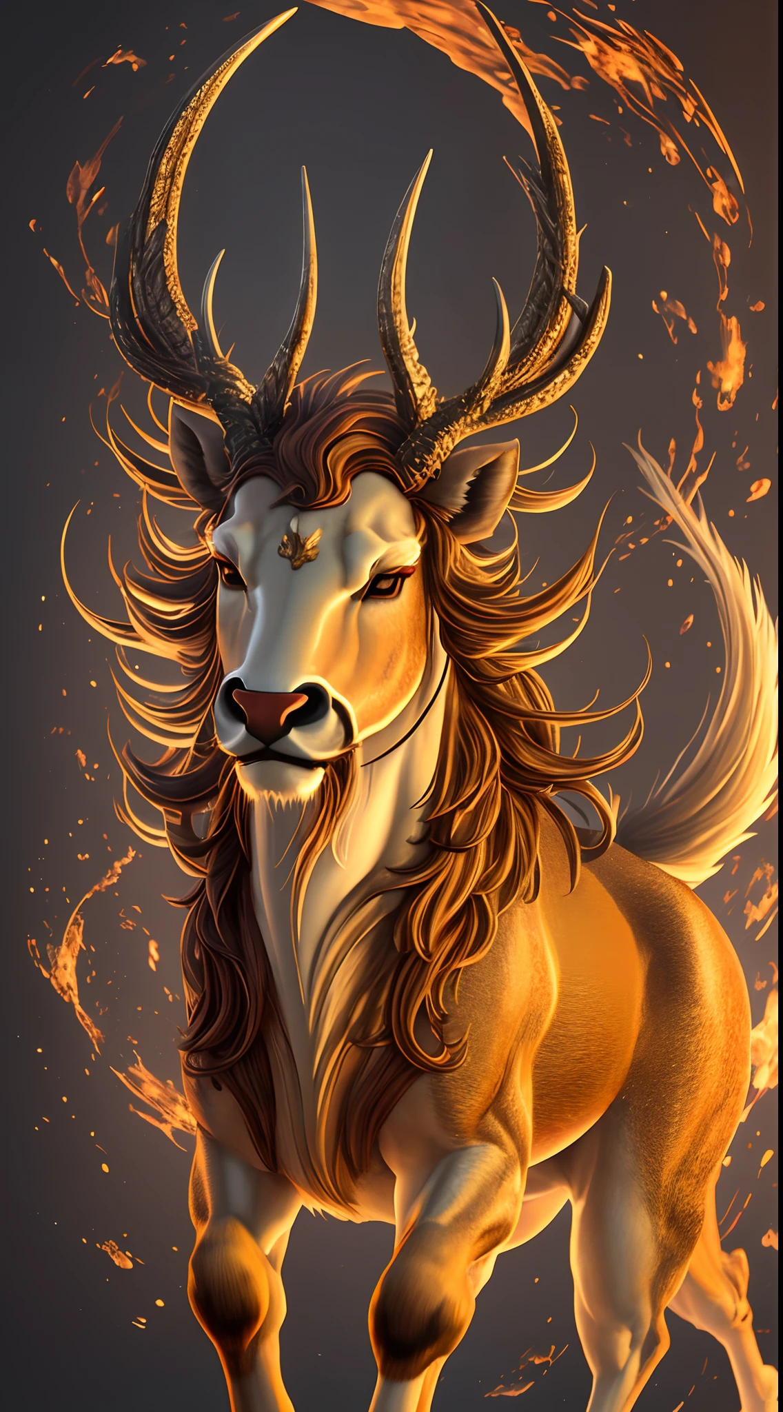 The qilin is a legendary creature with the body of a horse or deer, the head of a dragon, the horns of a deer, the scales of a fish, and the tail of a lion. It is mainly depicted in golden and red tones, with a cute appearance and a white background. It has a 3D effect and is rendered with the DC renderer in Unreal Engine 5. --auto --s2