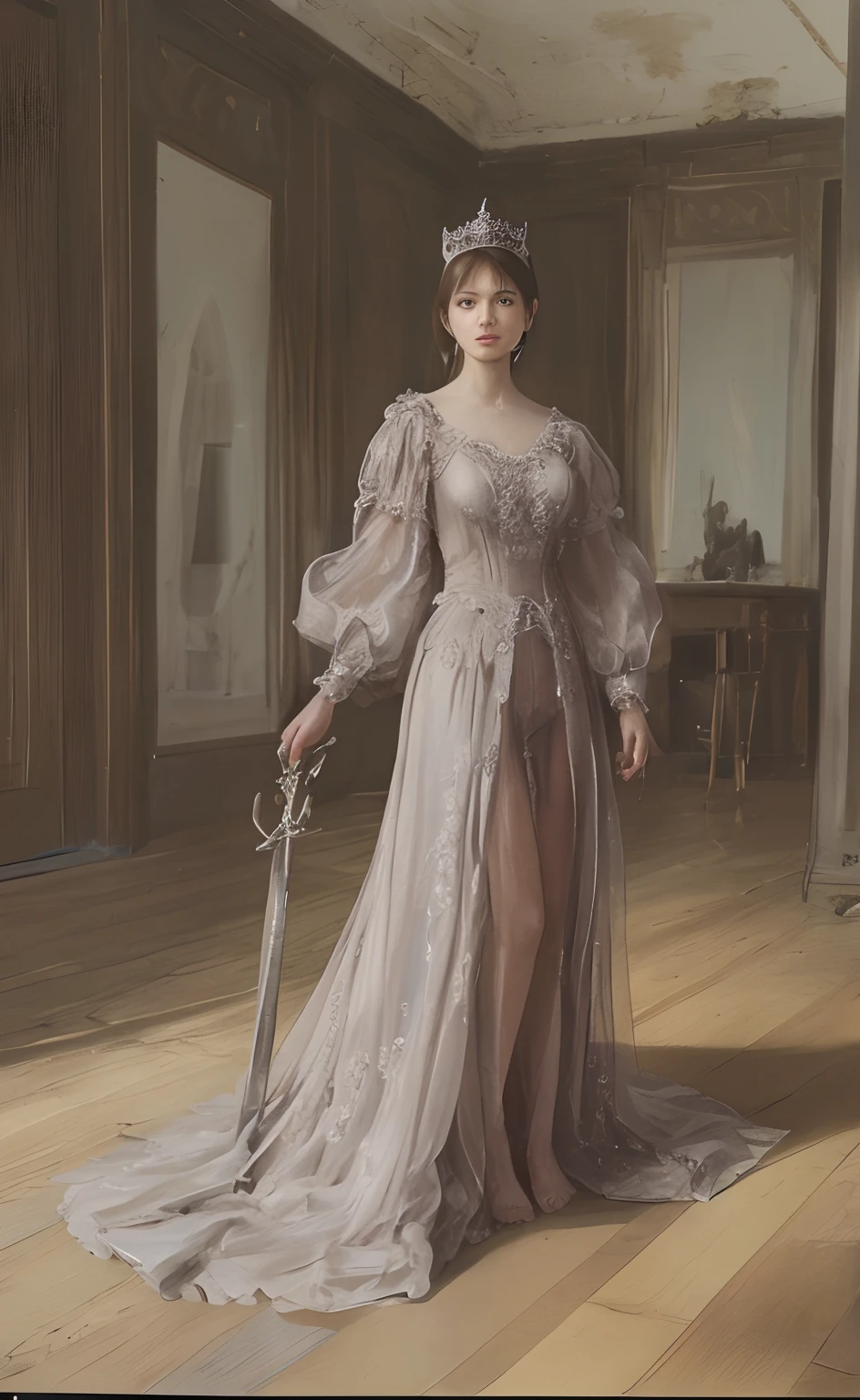 there is a beautiful Royel woman standing in royal palace of France with a Sword she is very looking very breav and very beautiful big eyes around 1 , taken in the late 1980s, old picture, taken in the early 1990s, taken in the late 1970s, high quality picture, in a queen of France dress, with a beautiful crown photo taken in 2 0 2 0