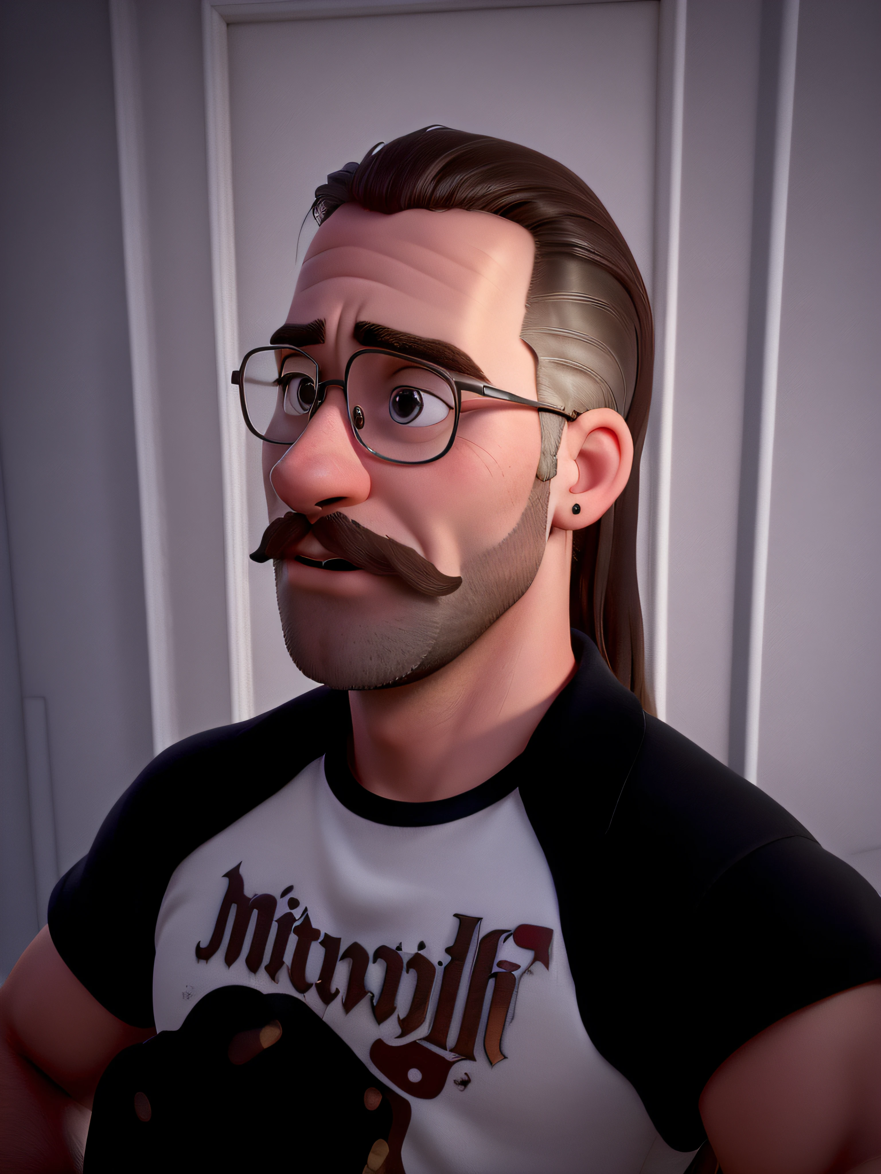 A 3D movie poster in Disney-Pixar style of a 27-year-old white man with blonde eyebrows, dark blonde long hair shaved on both sides of the head and long on top, an upward mustache mustache, light facial hair, a single hoop earring in one ear, wearing a black leather jacket, a black t-shirt, enjoying a heavy metal concert, em alta qualidade, melhor qualidade