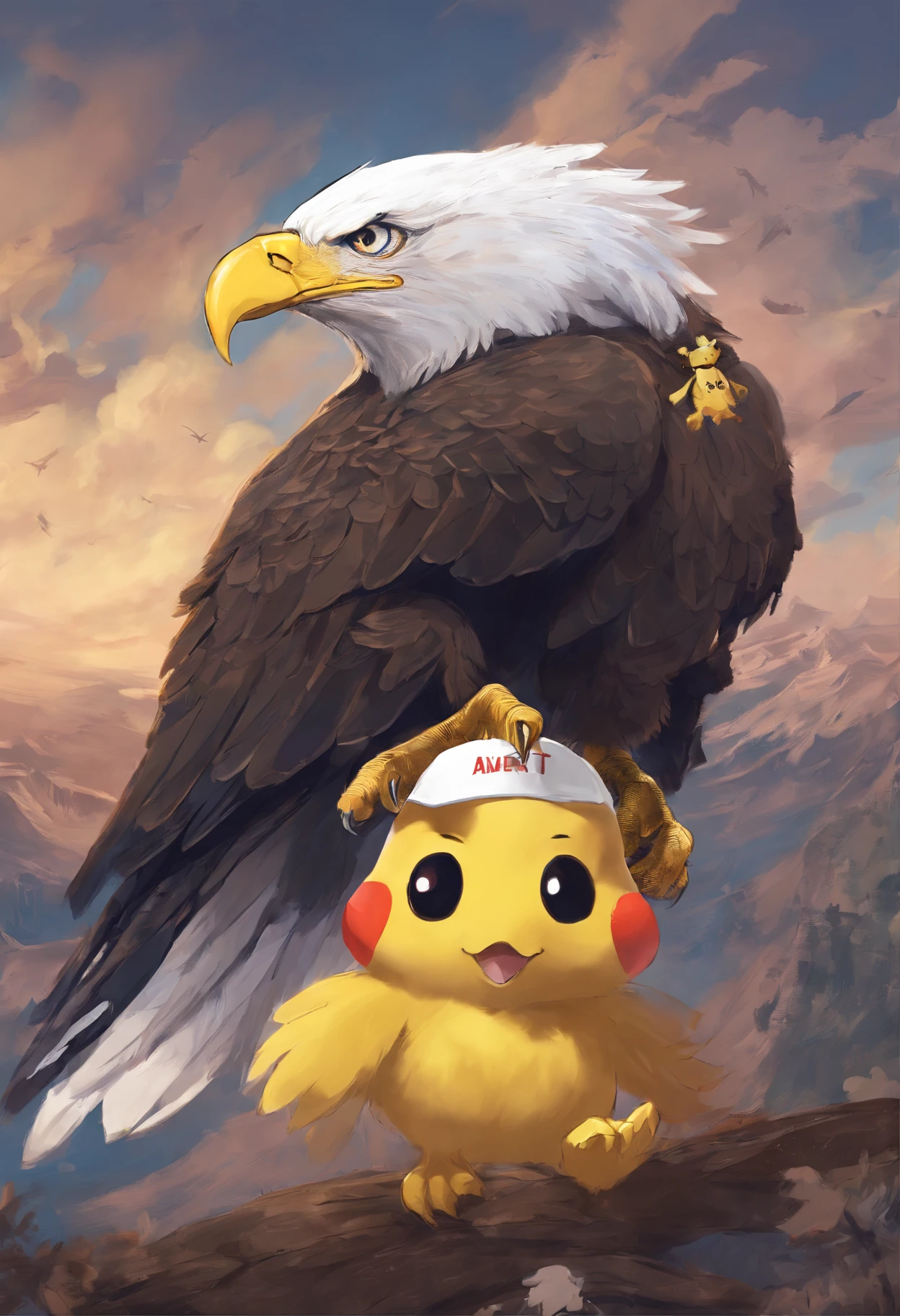 American Bald Eagle with the words “American   Deals” above it. Holding a happy pikachu Pokémon in its talons