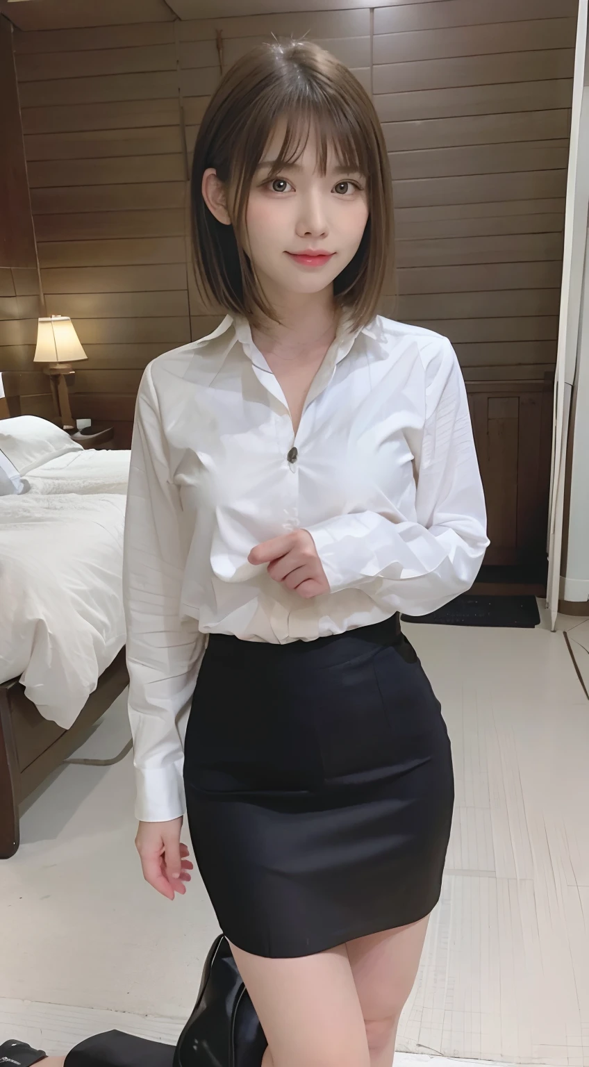 masutepiece, Best Quality, Illustration, Ultra-detailed, finely detail, hight resolution, 8K Wallpaper, Perfect dynamic composition, Beautiful detailed eyes, Office Lady Suit,Shorthair,Natural Color Lip, Bold sexy poses,Smile,Within the company、s Office、20 years girl、Cute、Sexy shot looking at camera、stares at the camera、White Short sleeve collar shirt、White sheer shirt、Black tight skirt、a black skirt、Black stockings、耳环、a necklace、Absolute area:1.2、Beautiful Large Breasts