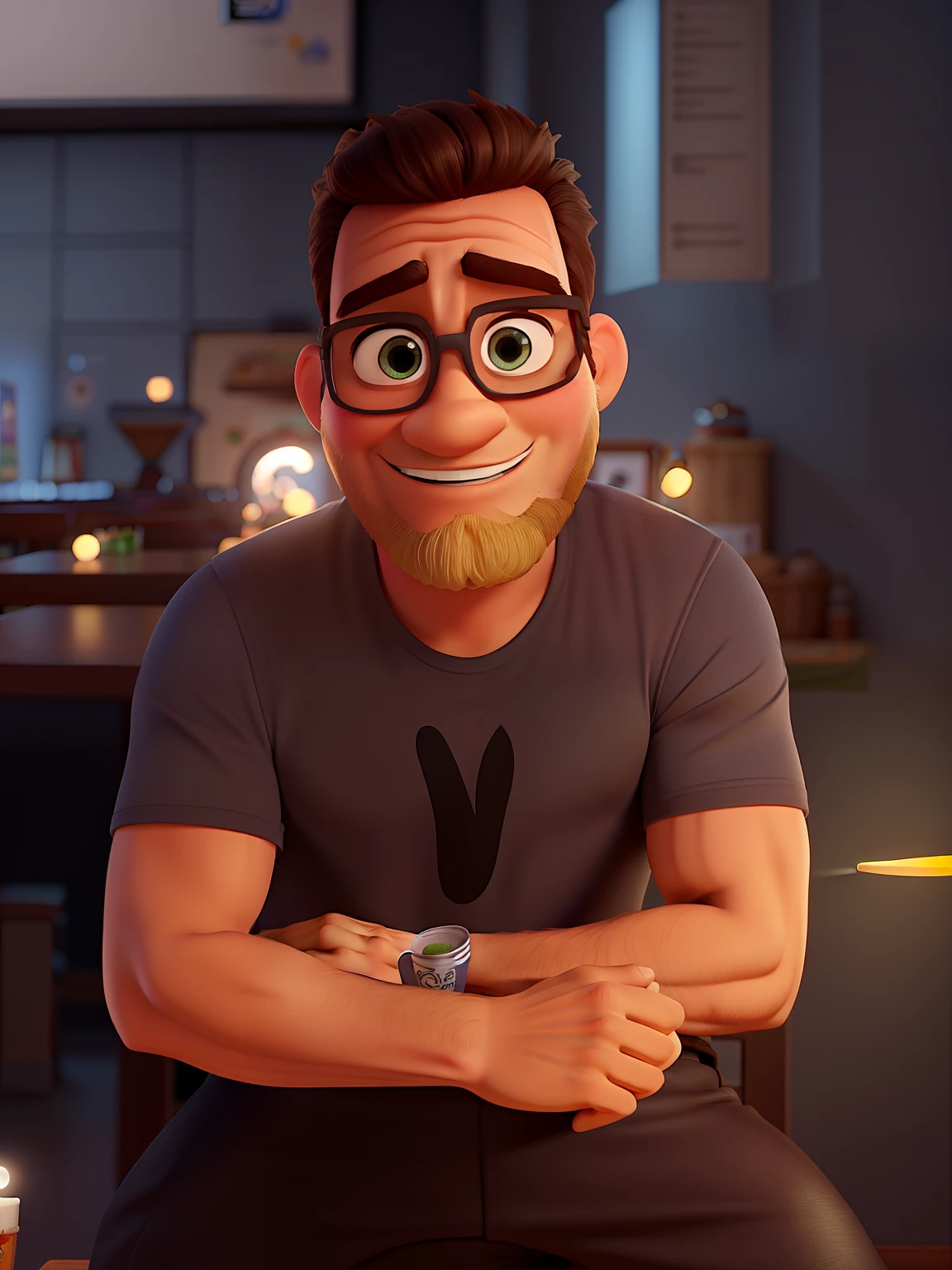 Poster no estilo Disney pixar, alta qualidade, melhor qualidade, homem sexy branco, 30 anos cabelo grisalho barba preta, musculoso, com fundo em um restaurante a luz de velas