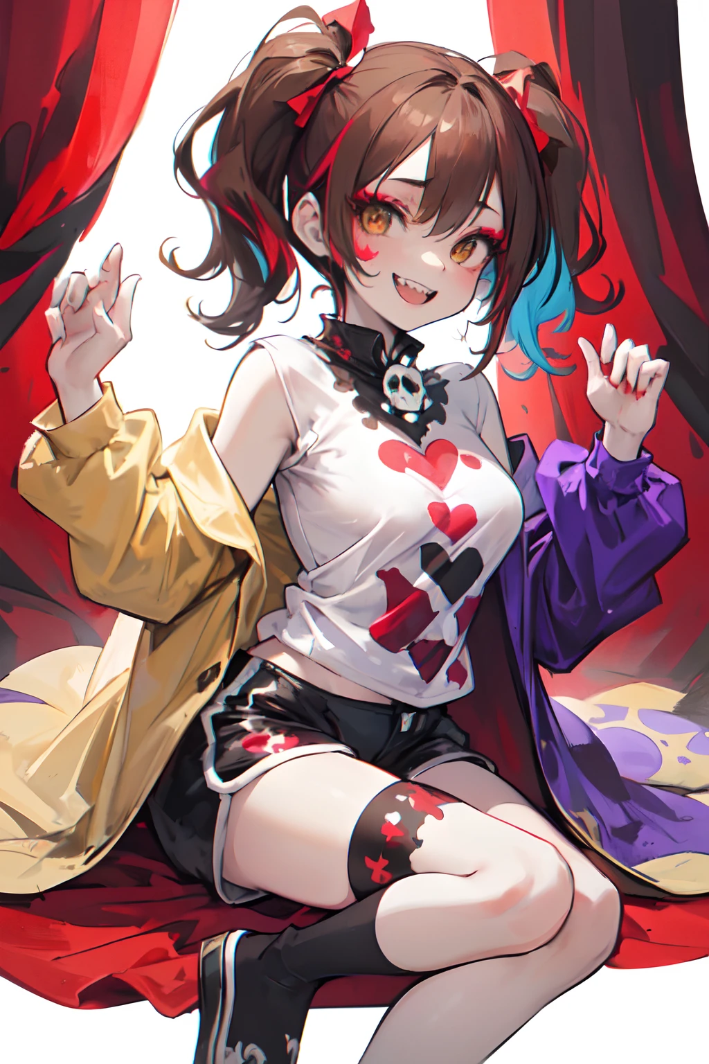 1GIRL, insane clown girl, skull face, halloween theme style, laughing hesterically, sharp big smiling teeth, bomb, finely detailed, (best quality), (intricate details), cute style, loli, jester style, multicolored, circus background with red curtains, place on fire hell, ((long brown hair in pigtails)), best quality, ((long sleeve shirt and shorts)), ((red and white clothes)), ((jester style clothes)), ((thigh high socks)), ((round eyes)), ((has jester makeup)), beautiful face, happy, cute face, pinup, perfect face, simple background portrait