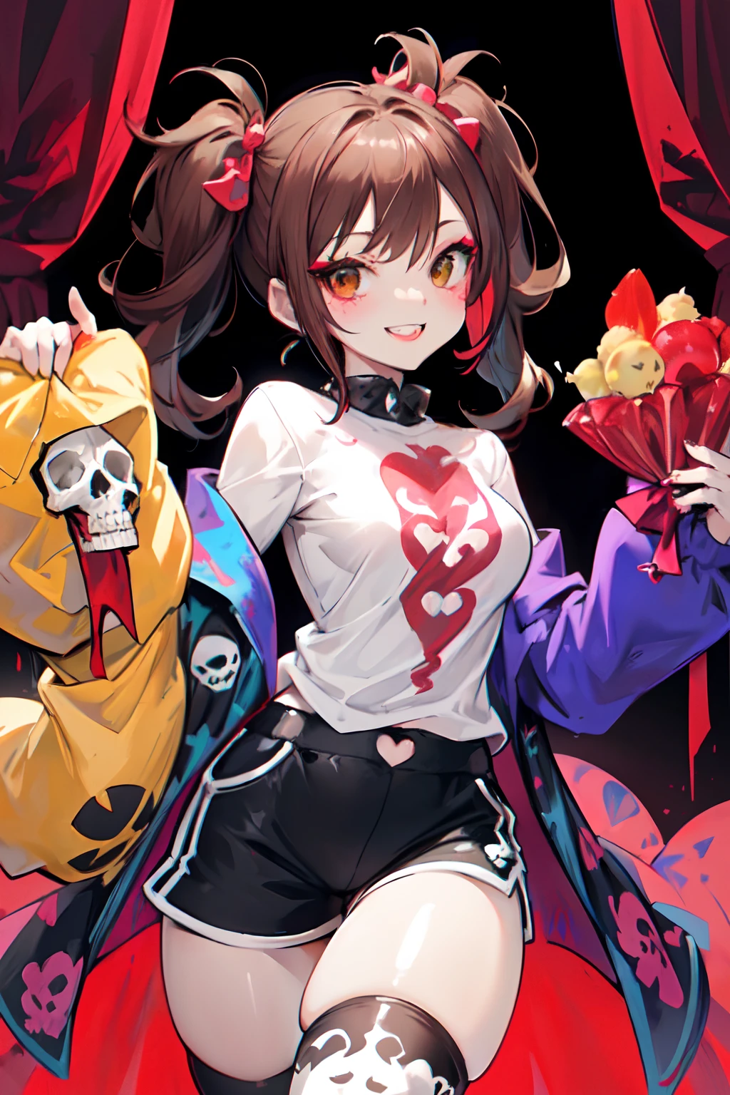 1GIRL, insane clown girl, skull face, halloween theme style, laughing hesterically, sharp big smiling teeth, bomb, finely detailed, (best quality), (intricate details), cute style, , jester style, multicolored, circus background with red curtains, place on fire hell, ((long brown hair in pigtails)), best quality, ((long sleeve shirt and shorts)), ((red and white clothes)), ((jester style clothes)), ((thigh high socks)), ((round eyes)), ((has jester makeup)), beautiful face, happy, cute face, pinup, perfect face, simple background portrait