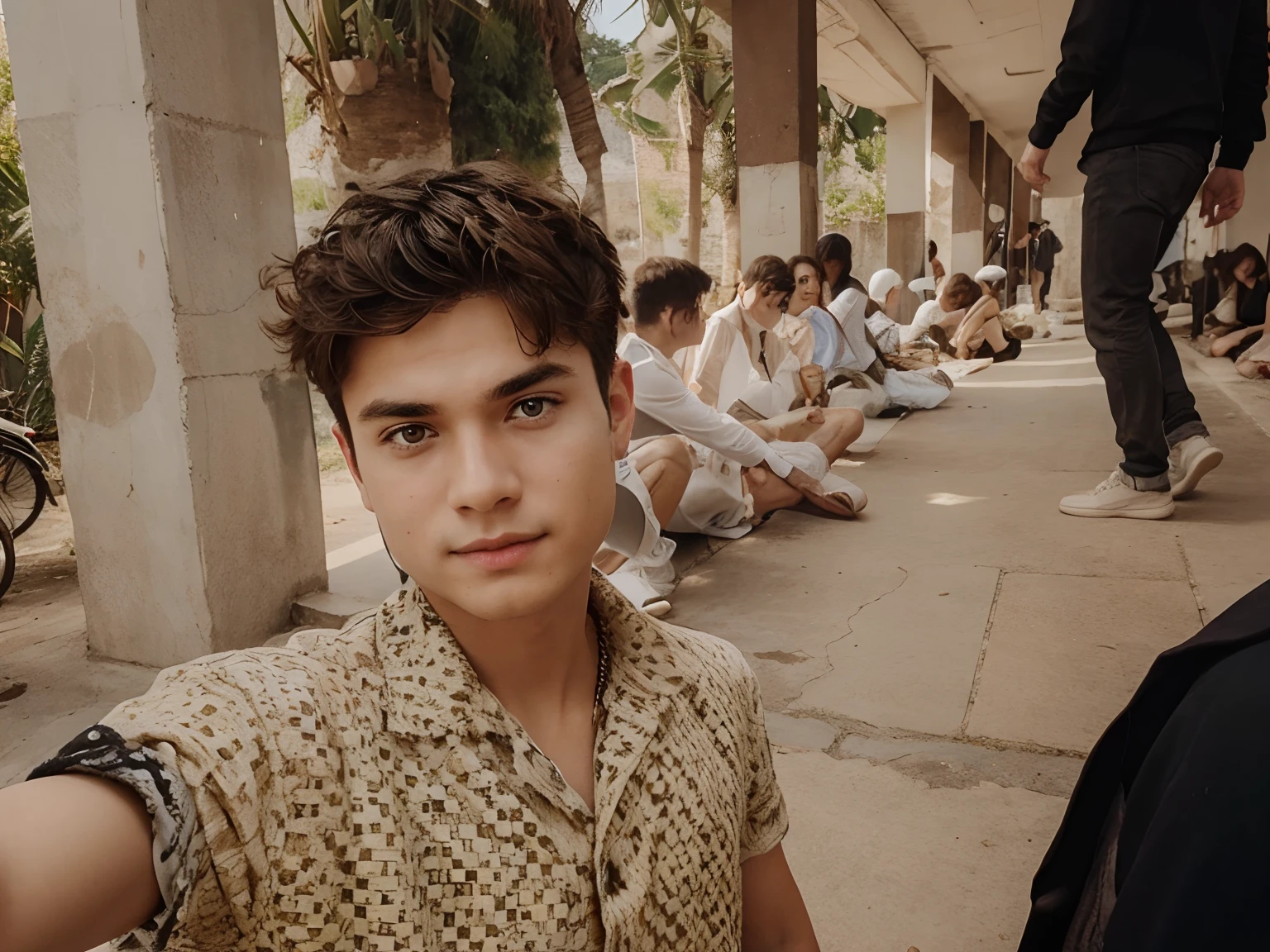 Hide all people in background, realistic face and cute boy, change hair cut