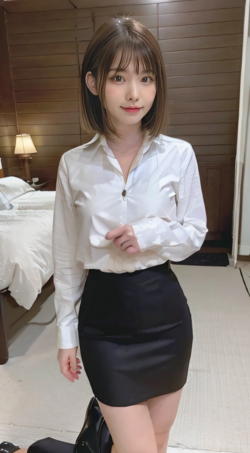 (Japanese cute girl), in a bedroom, sexy 18 yo girl, slender body, thin breasts, skirt, blouse, slender thighs, fashionable hair styles, laughing,