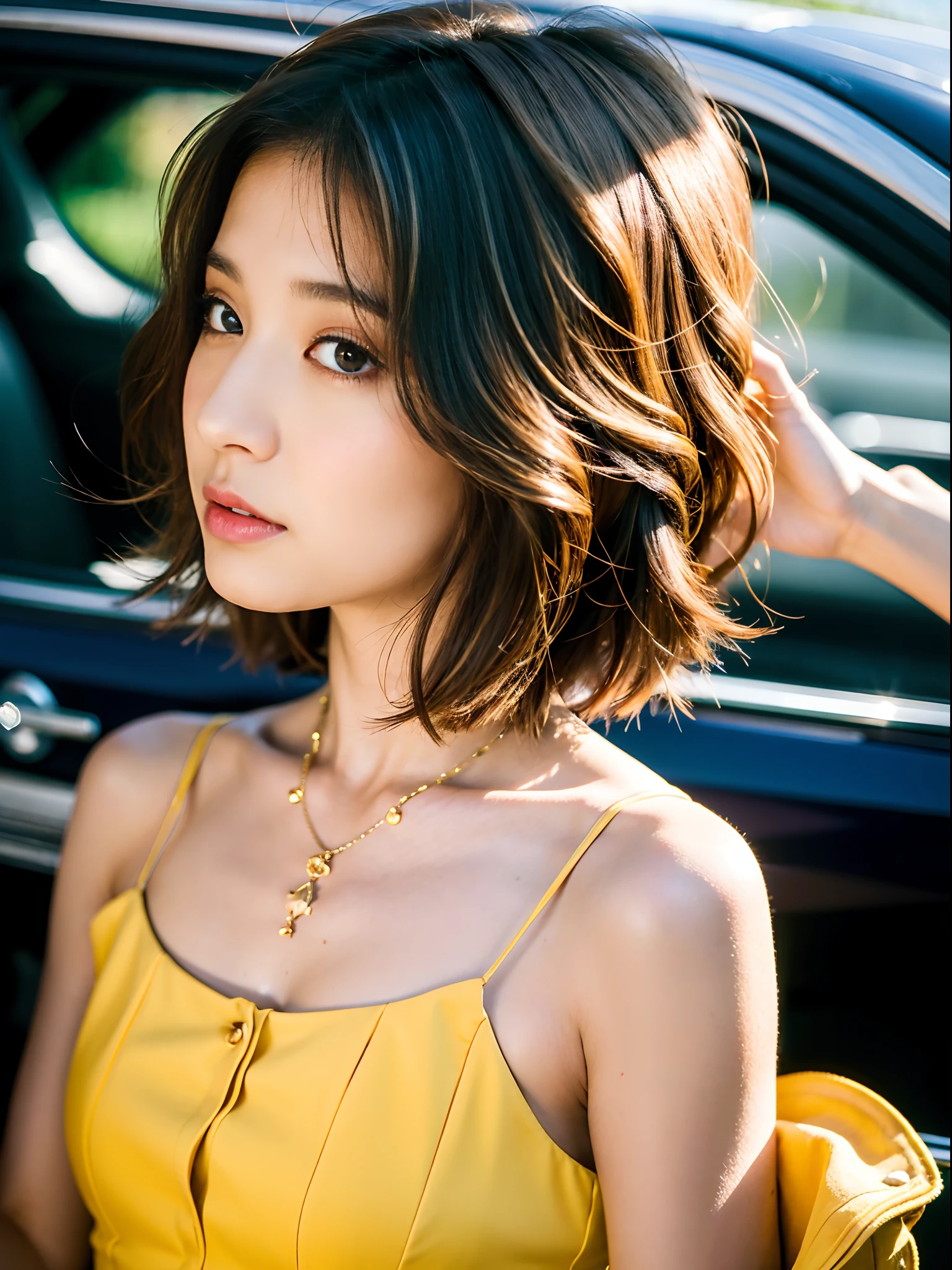 (top-quality、​masterpiece:1.2), Ultra High Definition Face, (realisitic, Photorealsitic:1.4), Girl in a luxury car, 独奏, beautiful detail, 8K, Raw photography, nffsw, full body Esbian, light brown hair、highlights hair、short-cut、waved hair、Slimed、A slender、Model body type, (intricate detailes:1.1), Super detailed beautiful eyes, a necklace、耳Nipple Ring、Casual dresses