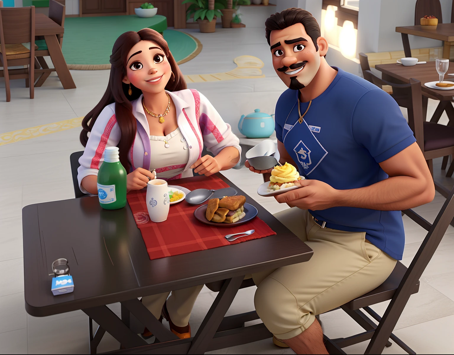 Casal comendo lanche, mulher pele clara sorrindo e homem branco de cavanhaque e bigode preto