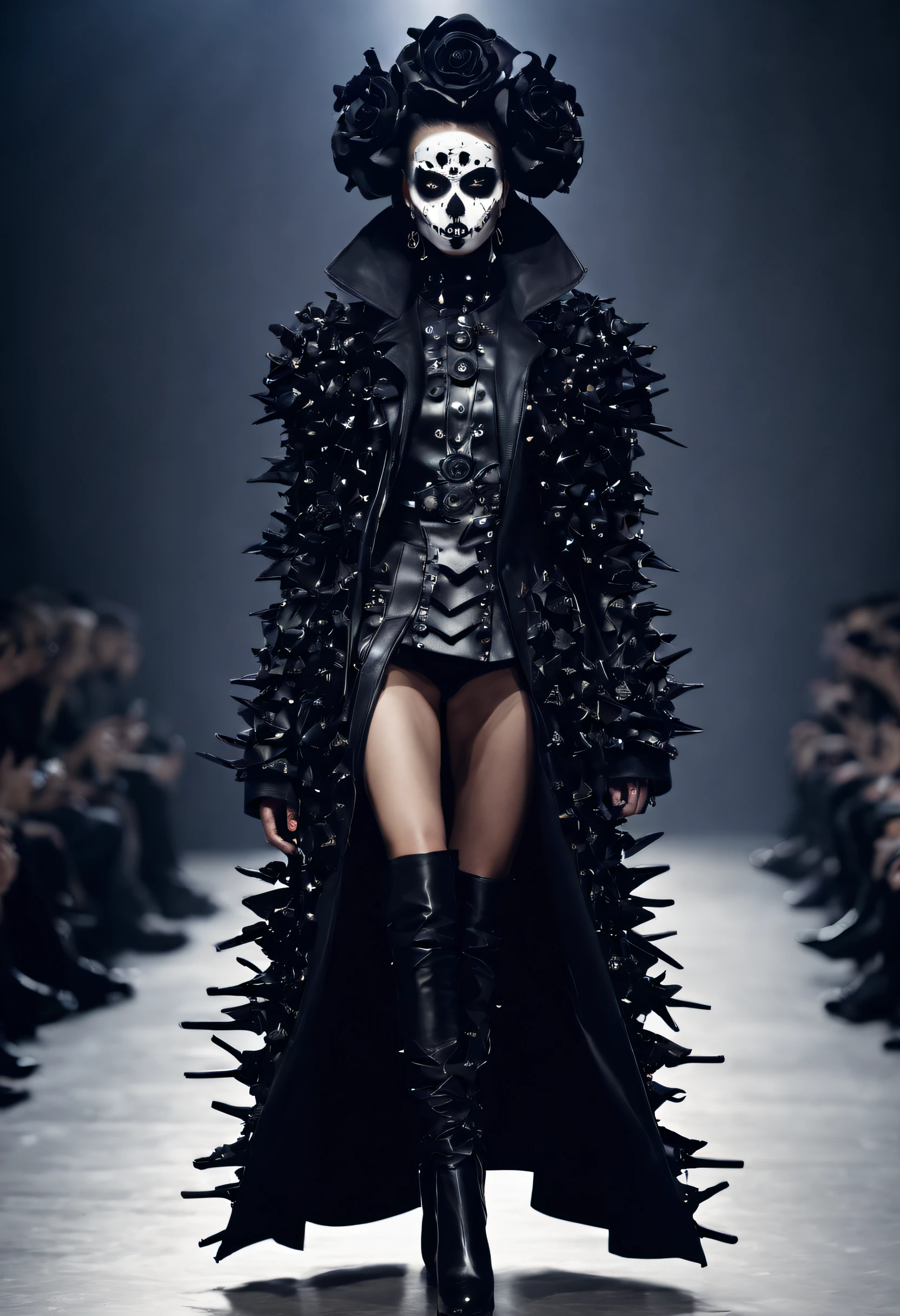 fashion show，Embrace the dark side of fashion with this captivating prompt for a fashion show featuring a beautiful female model, wearing an edgy and avant-garde custom-designed outfit inspired by Dark Skulls, exuding a mysterious and rebellious vibe. The composition showcases the model's fierce expression and confident stance, with her unconventional hairstyle and bold makeup emphasizing the rebellious nature of the ensemble. The use of skull motifs, leather accents, and dramatic silhouettes adds to the edgy and unconventional atmosphere of the event, creating a visual spectacle that challenges societal norms. Directed by renowned fashion photographer Tim Walker