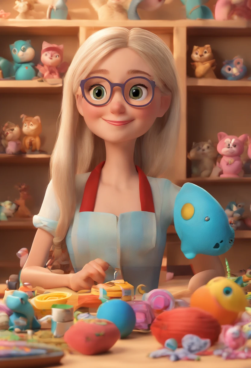 3d pixar style movie poster, beautiful woman, 50 years old, blonde, long wavy hair, full lips, sharp nose, dark brown eyes, gold cat-eye glasses, skin with a pink tone on the cheeks, smiling, dressed in a blue blouse, holding in her hand a small doll, and several other dolls, on the table, Director: Barbara Longhi, Beth Cavener, Magalie Villeneuve, Director: Federico Zuccari, Director: Silvia Dimitrova, inspired by Ulrika Pasch, Director: Caterina Tarabotti, Sandra Pelser, Director: Florianne Becker