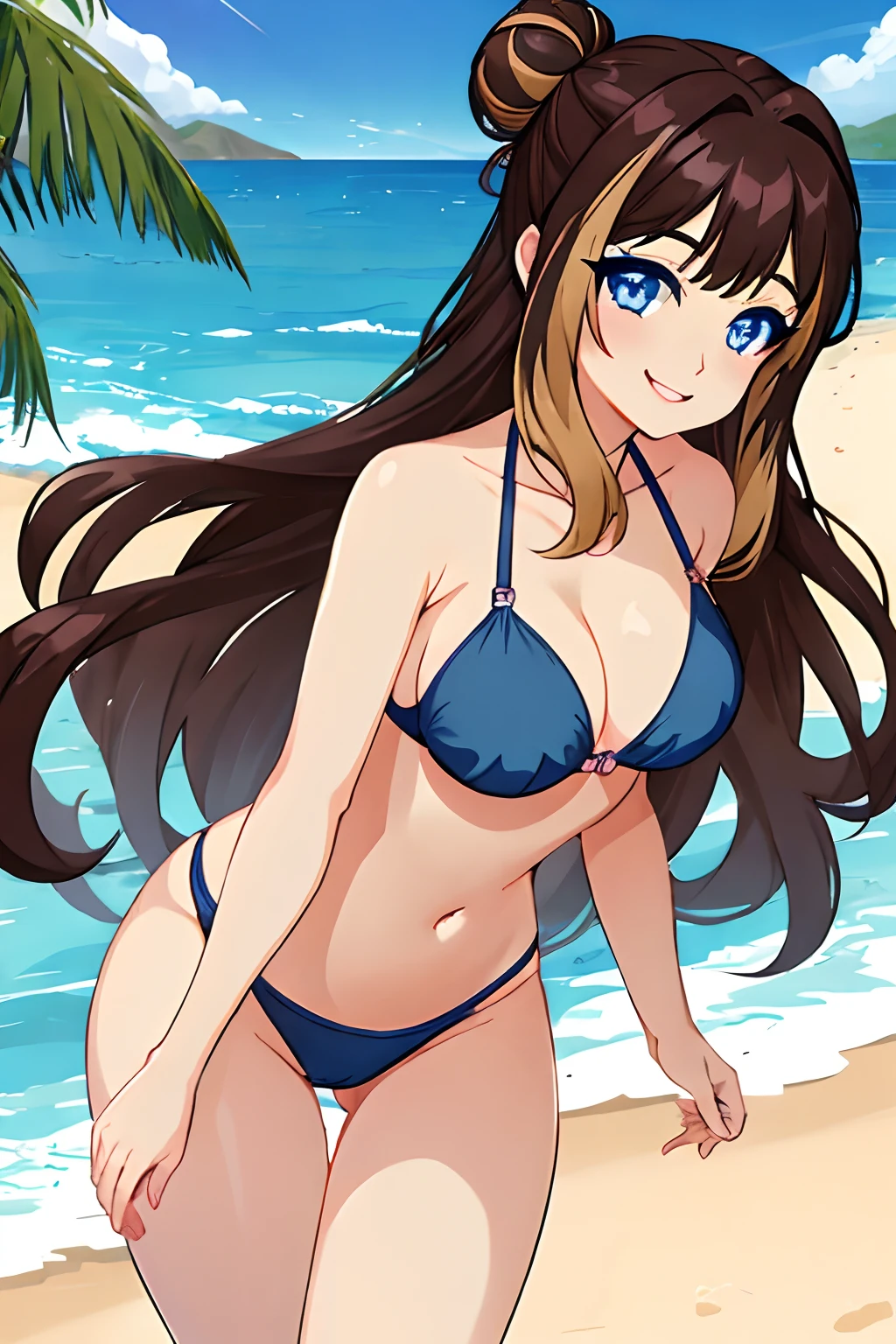 peanut, 1girl, solo,blue eyes, brown hair,multicolored hair, large breasts, smile, single hair bun, long hair, looking at viewer, breasts, swimsuit, beach, ocean, outdoors