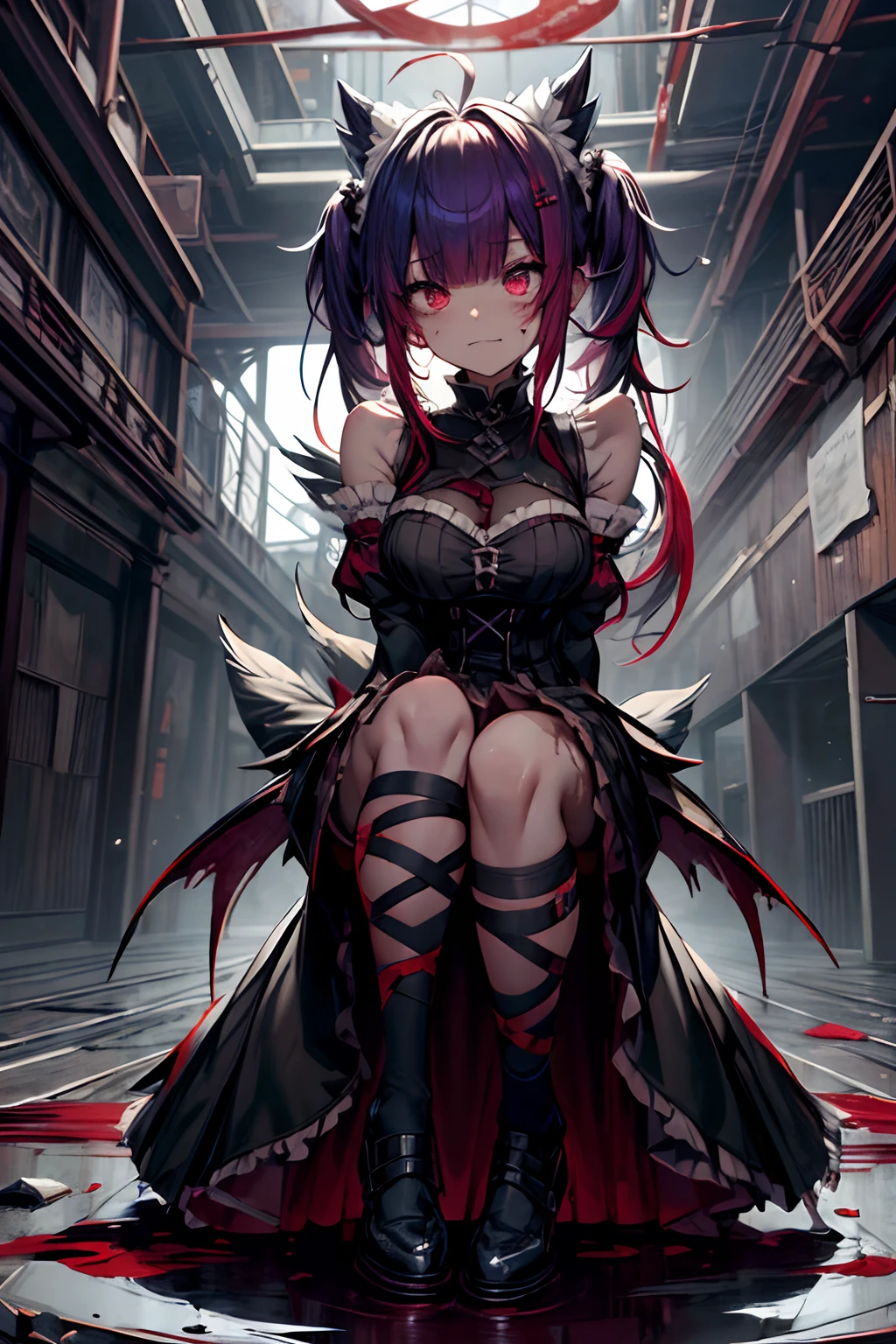 very wide shot、horor、in isekai、Dynamic、Acrobatic、full body Esbian、crosses、Goth Punk、Longhaire、Twin-tailed、dishevled hair、long、Blunt bangs、Ahegao ( Silly / Sexual ecstasy)、dead body、Blood everywhere、blood splashing、dark hue、Red hue、maid、Green hair、