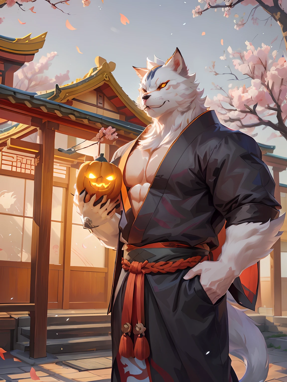 Anime character with a cat holding a pumpkin in front of a building, Onmyoji detailed art, onmyoji portrait, onmyoji, commission for high resolution, trending on artstation pixiv, muscular werewolf, inspired by Shiba Kōkan, with kitsune mask, As a character in Tekken, Kitsune, Anthropomorphic Shiba Inu