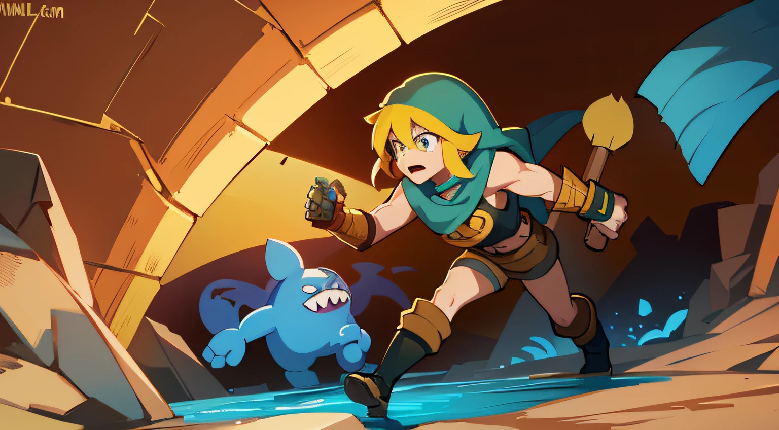 'Finn' from 'Adventure Time' stomping on 'Xull' from 'Brawlhalla' cartoon . masterpiece