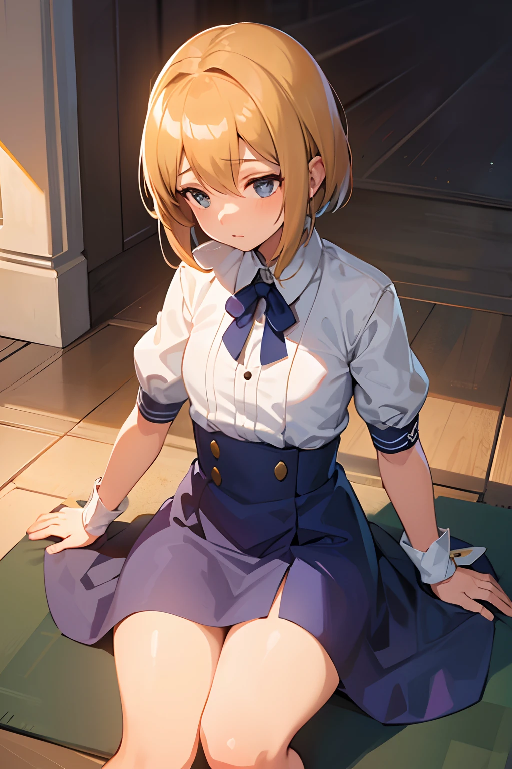 A girl sitting on the floor,(master part: 1.1, best quality: 1.1), Shy student in uniform showing off, emphasis, Panties, olhando para o visualizador