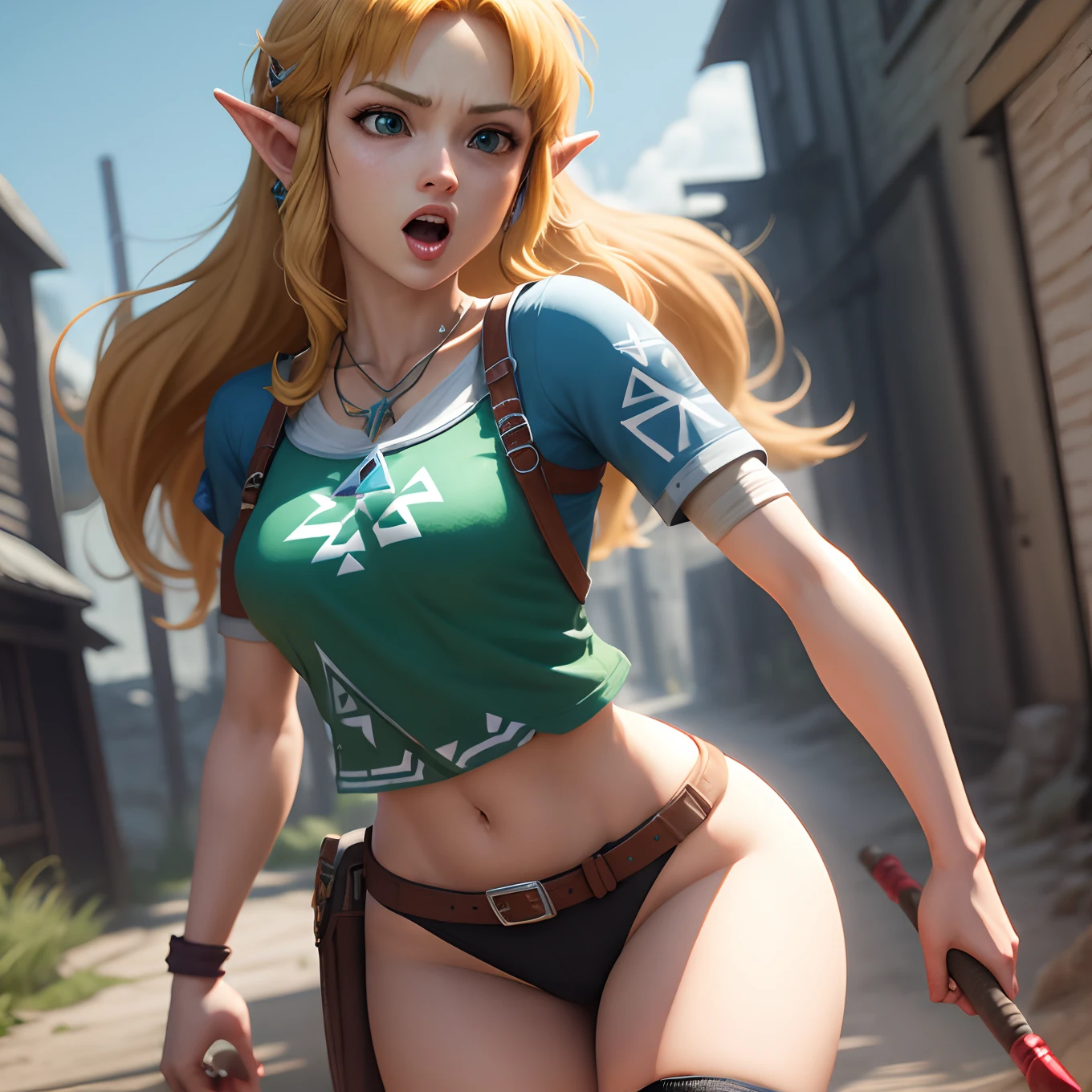 Link(legend of Zelda) performing oral on Terra Bradford (final fantasy) in the style of studio ghibli
