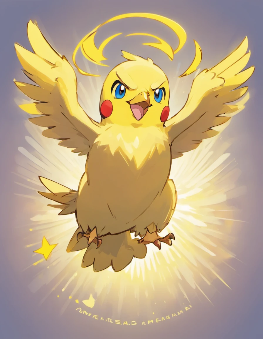 an American bald eagle with its wings expanded outwards in both directions. A happy pikachu Pokémon in its talons waving at the camera with the words “American deals” pasted above the eagle in between his wings