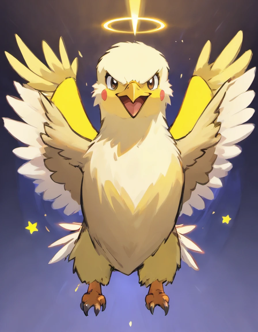 an American bald eagle with its wings expanded outwards in both directions. A happy pikachu Pokémon in its talons waving at the camera with the words “American deals” pasted above the eagle in between his wings