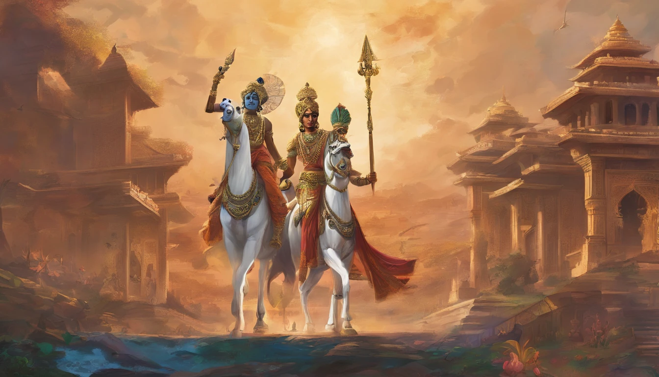 An artist's depiction of Lord Krishna and his disciple Arjuna, doing bhagavad gita