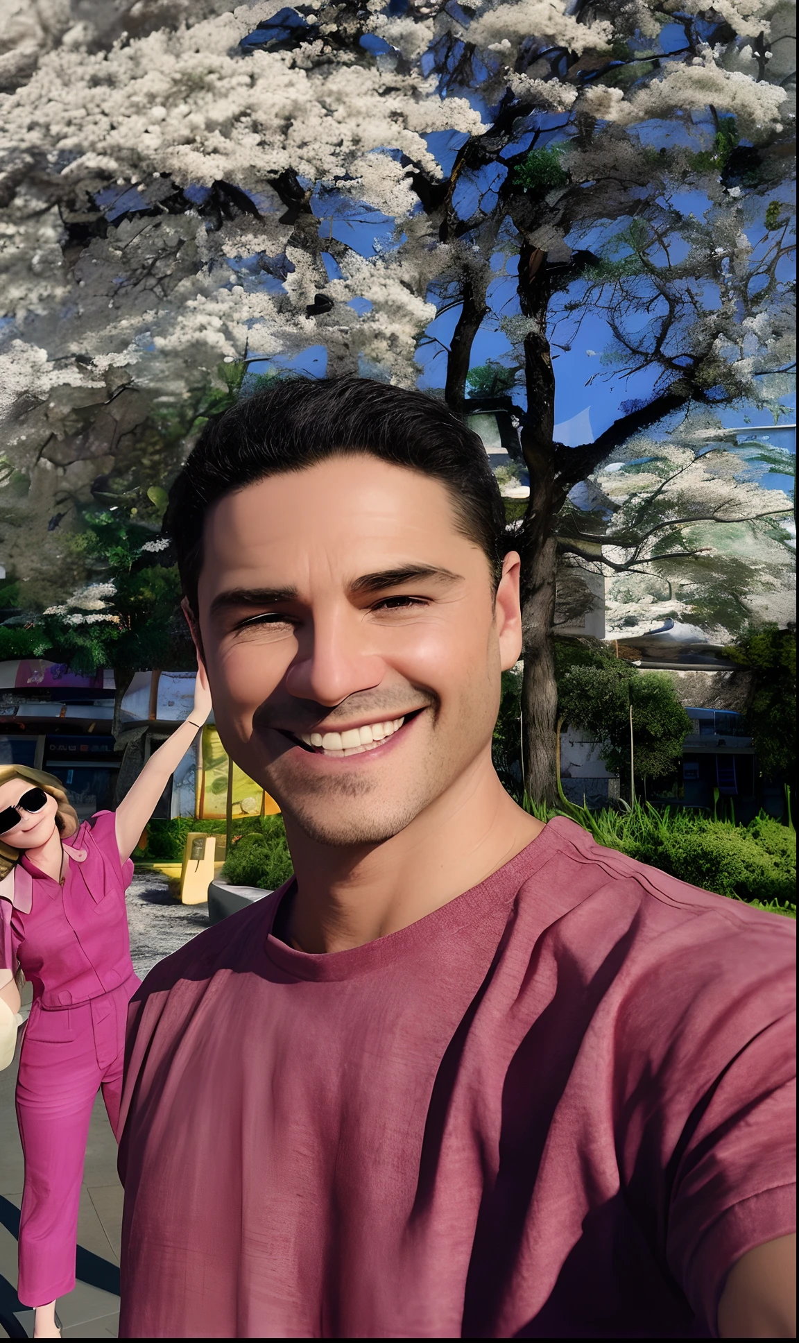 pixarstyle um retrato na altura dos ombros de um homem sorrindo, With a white tree and a woman behind, textura natural da pele, texturas 4k, hdr, intrincado, altamente detalhado, foco nítido, cinematic appearance, hiperdetalhado