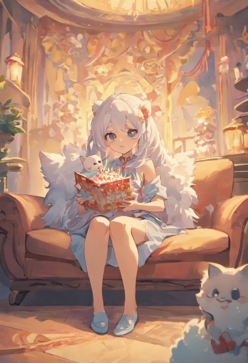 The woman is sitting on the sofa with a small white Pomeranian crawling on her lap, opposite a birthday cake, making a wish to the birthday cake, celebrating her birthday, she is about 1 6 , white skin, delicate facial features