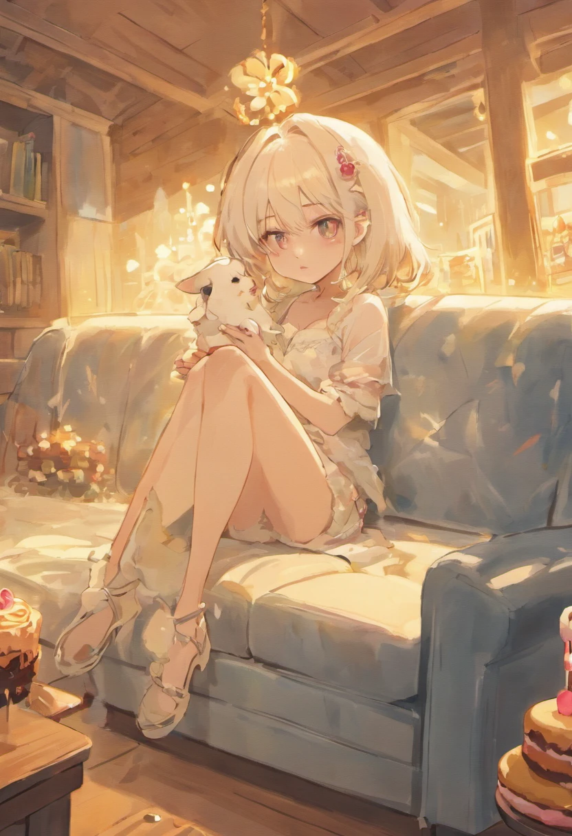 The woman is sitting on the sofa with a small white Pomeranian crawling on her lap, opposite a birthday cake, making a wish to the birthday cake, celebrating her birthday, she is about 1 6 years old, white skin, delicate facial features