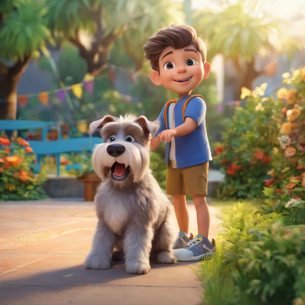 Lucas is a smiling 5-year-old human boy, com seu fiel amigo, Bolt, o cachorro schnauzer, deitados no jardim
