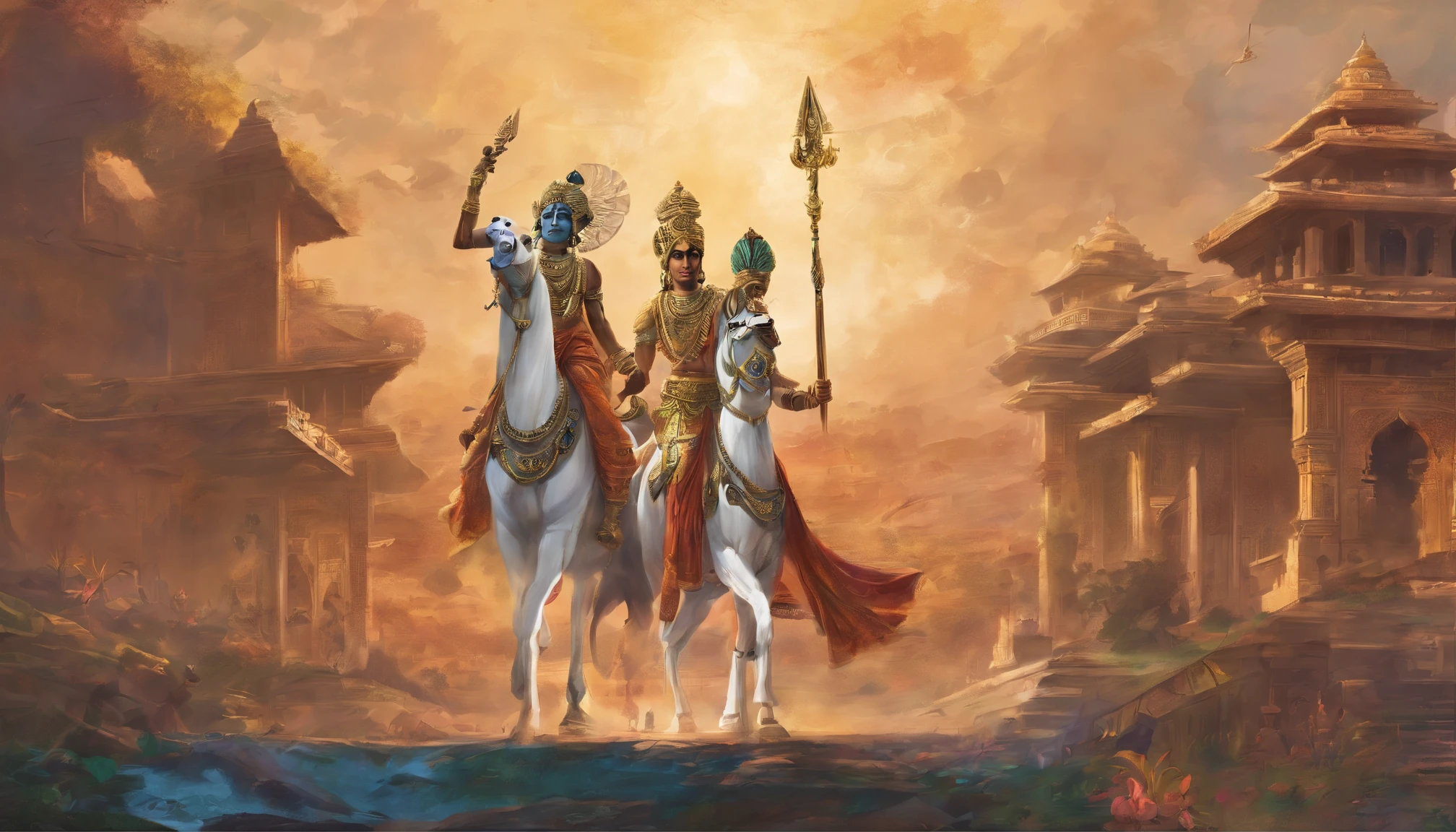 An artist's depiction of Lord Krishna and his disciple Arjuna, doing bhagavad gita