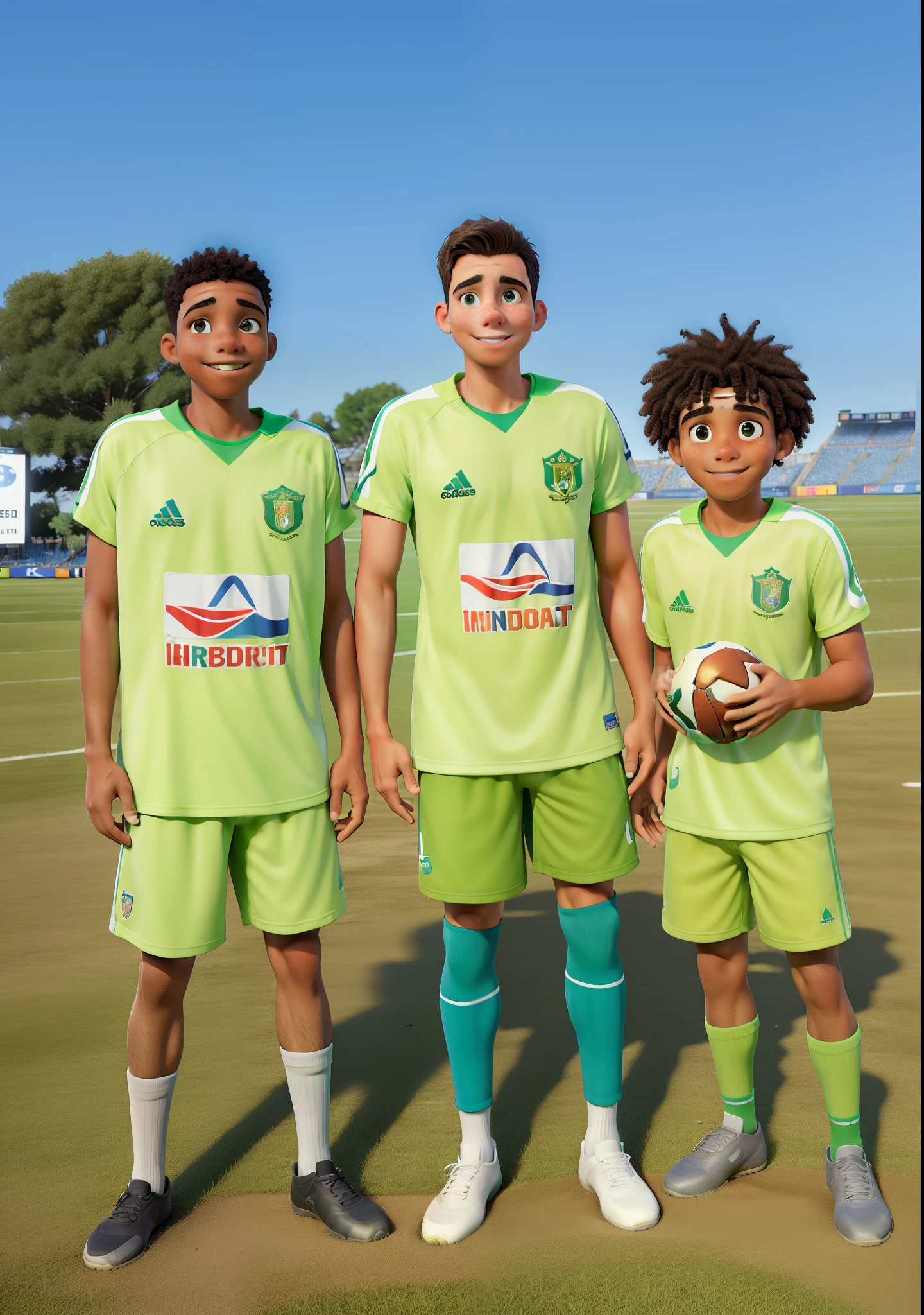 Obra-prima, de melhor qualidade. Three boy athletes posing for photo in a football stadium with fans in green in the background.