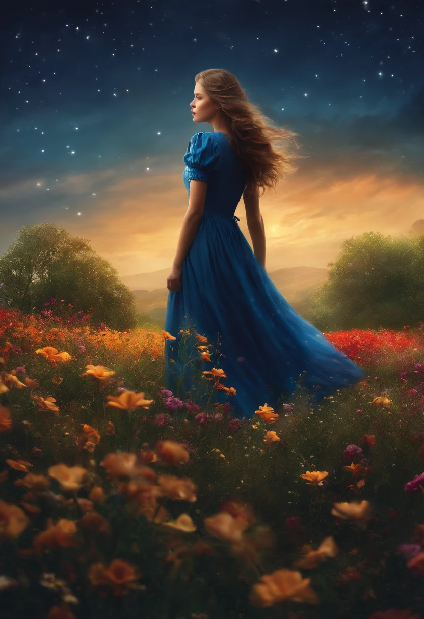 A girl stands on a flower field and looks at the sky, A  girl, standing on a flower field, A  girl, walking through a field of flowers, Lost in a fairytale wonderland, Standing in a field of flowers, Fantastic digital painting, The sky is gradually clearing, The starry sky is gradually receding