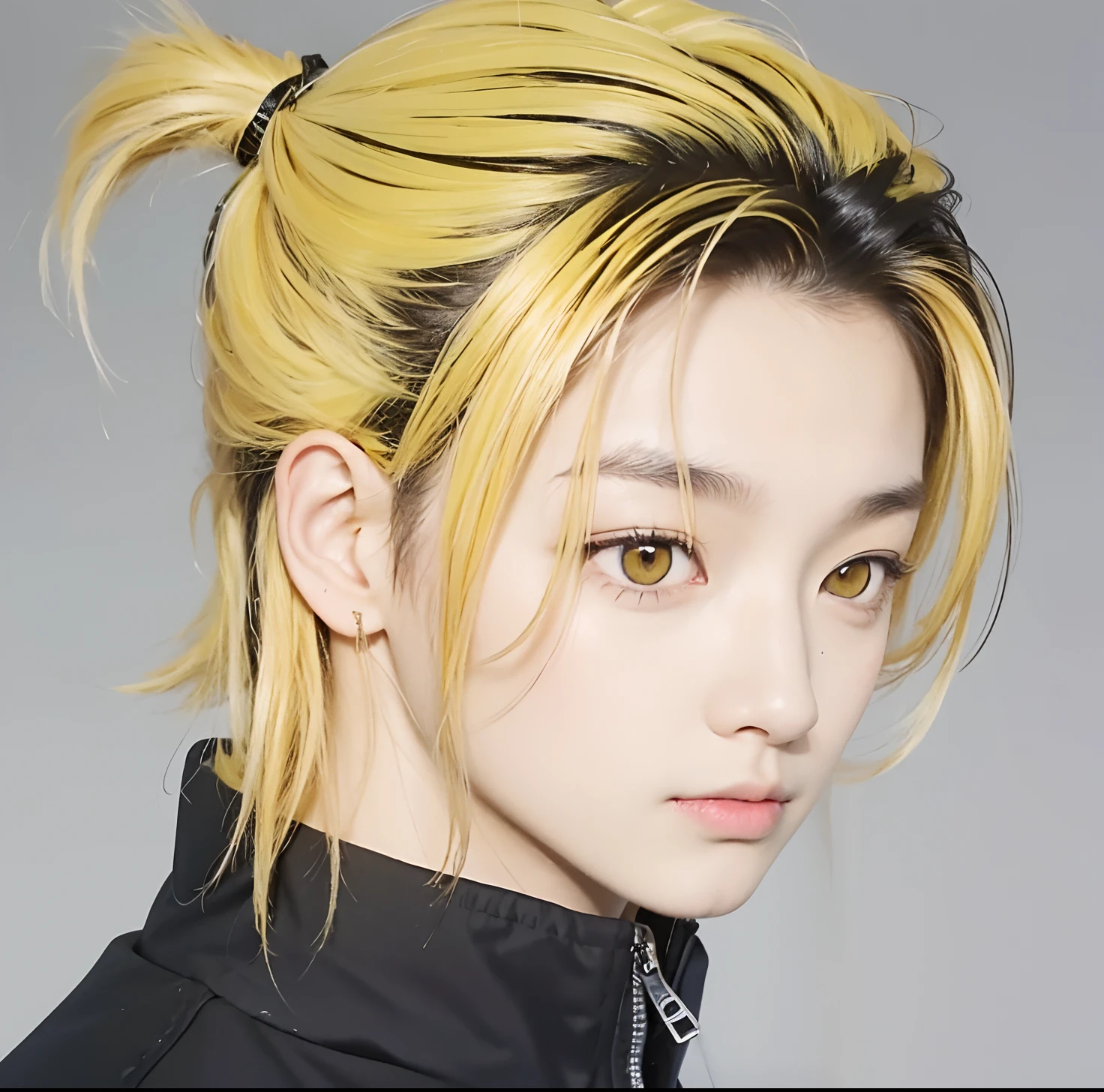 A boy with realistic yellow and black hair, realistic yellow eyes, realistic Korean handsome face, realistic cool expression, adapts exactly the same clothes, realistic black jacket,Realistic light, realistic shadows, realistic background
