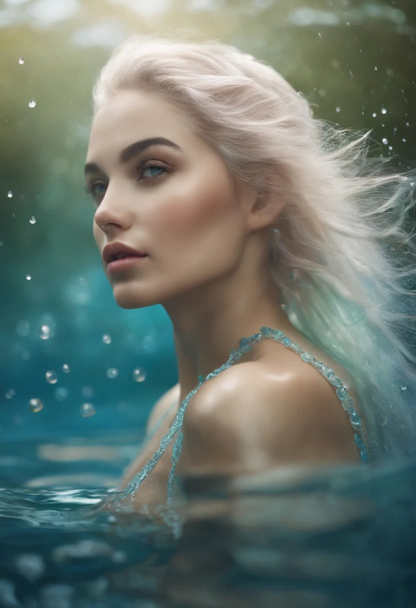 1girl, Feminine Aquatic Spirit, Water-colored hair, spring water inside, a few drops of water on the skin,