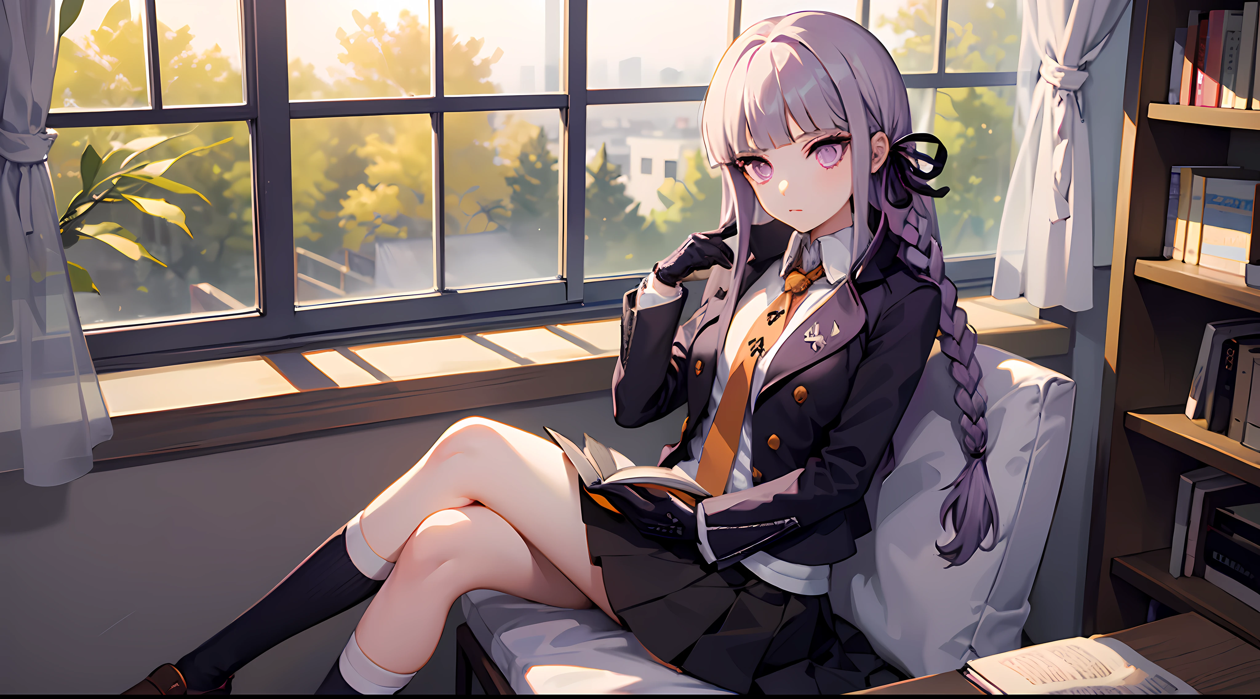 1girl, aakyoko, long hair, purple hair, purple eyes, side braid, blunt bangs, hair ribbon, black ribbon, high collar, brown necktie, black jacket, long sleeves, black gloves, black skirt, pleated skirt, danganronpa \(series\), (sitting by the window),(reading a book), (in a library), (full body)