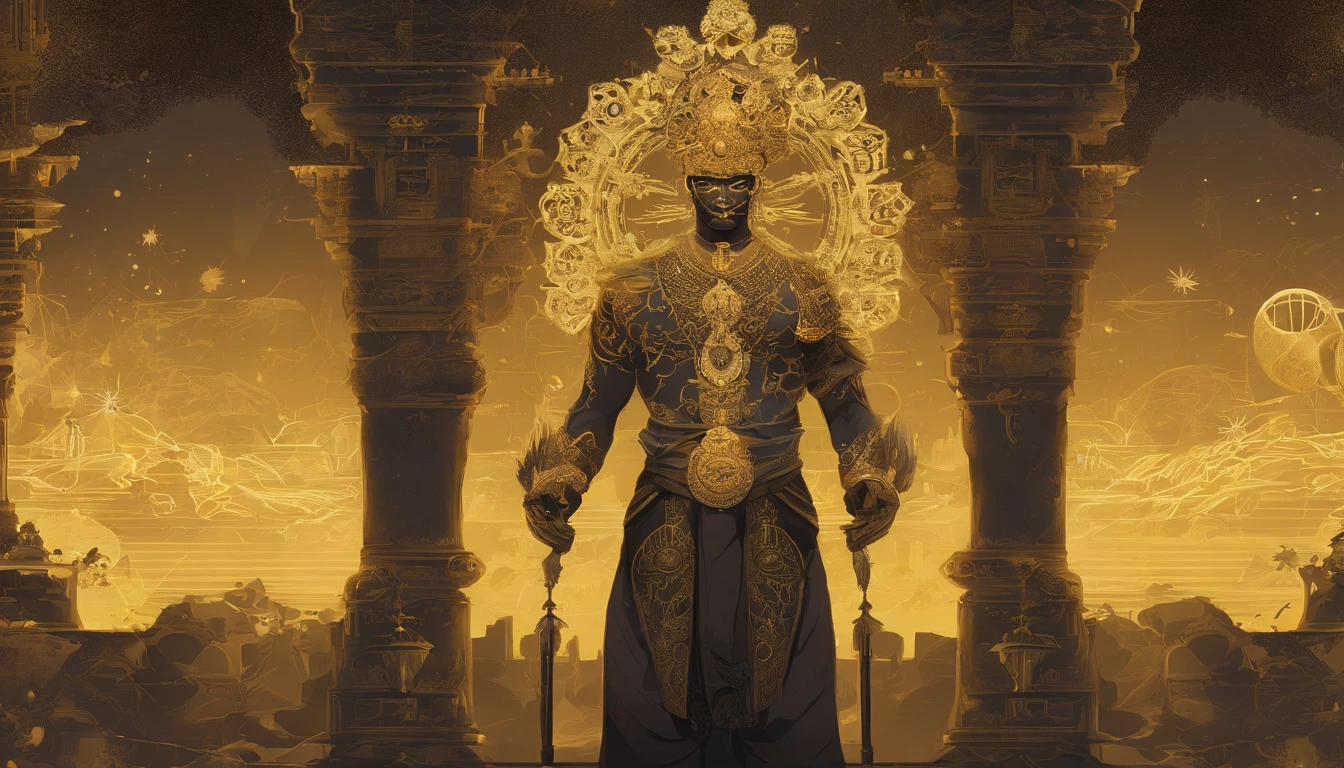 An artist's depiction of a man with dark body with four arms, yellow clothes (dhoti), the radiant ornament of gem-encrusted gold is like the bright fiber of a lotus, They have earrings in their ears, a crown on their heads and garlands around their necks,
The beauty of the zodiac is scattered from limb to limb,