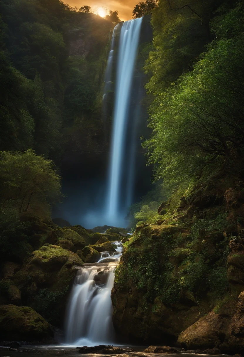 waterfallr,rays of moonlight,palaces,the night,Panorama Figures