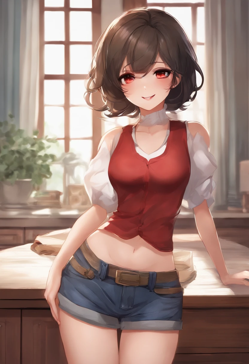 master part, extremely high quality, best quality, 1girl, sozinho, Olhando para o Viewer, , Tezuka Rin, (Amputees without arms:1.2), brown hair, colar, camisa de gola, (amputado duplo:1.2), olhos verdes, Katawa Shoujo, gravata vermelha, camisa, short hair, sozinho, camisa branca, Lozhkin, sorriso, dentes precisos com lacunas