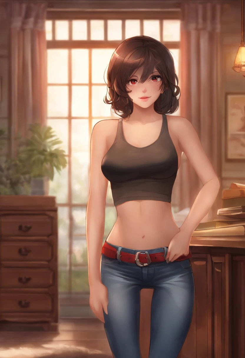 masuter piece, Best Quality,1 girl in,Upper body,animesque, A dark-haired,Very short,Unkempt hair,a beauty girl,muscular body,medium chest,inside the house,bedroom,Hands on hips,Standing facing forward,denim short pants,Red eyes,Mischievous face,showing teeth,