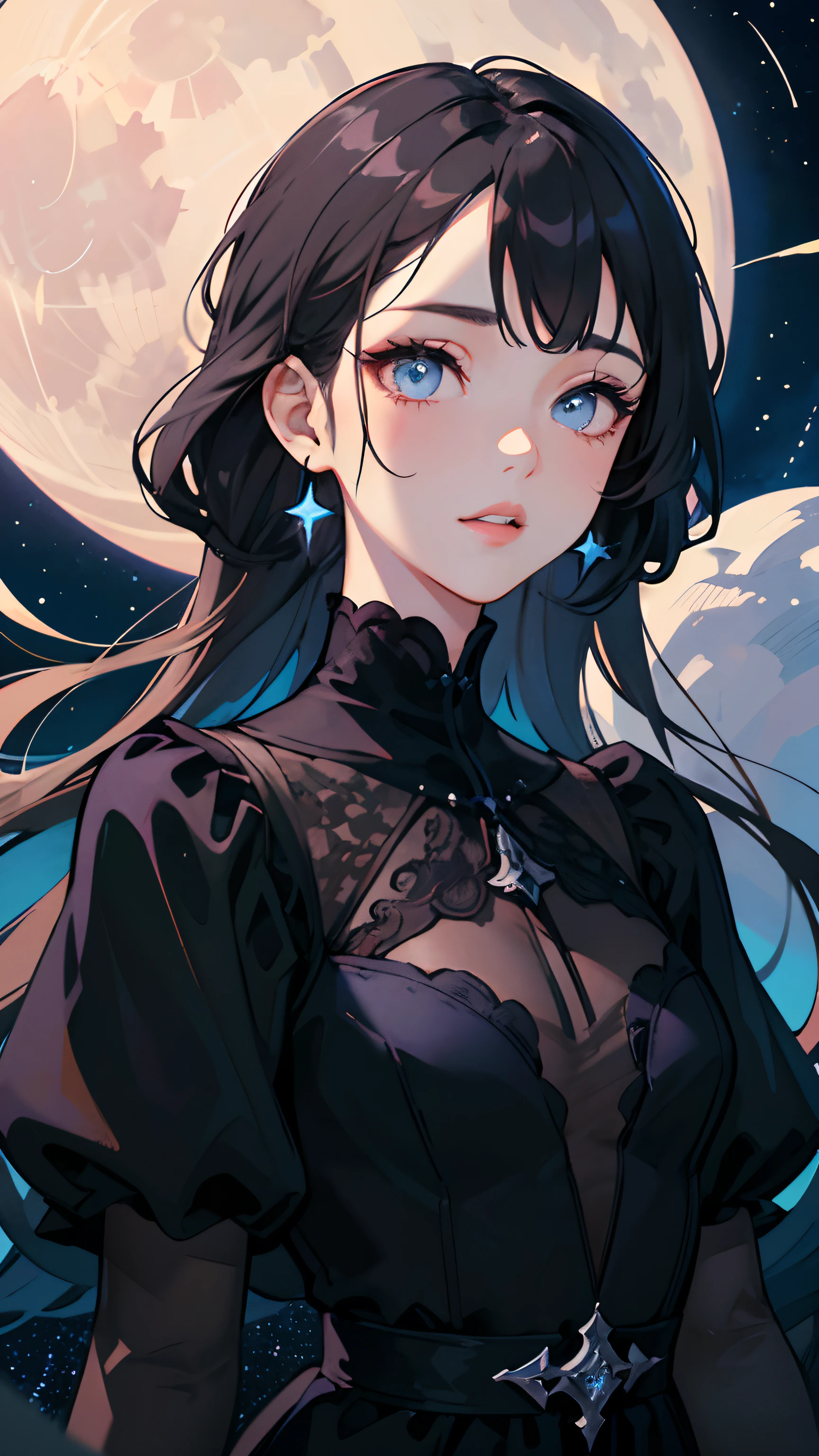 (best quality,illustration,masterpiece:1.2,high-res:1.1),1girl,cute face,beautiful detailed eyes,beautiful detailed lips,longeyelashes,lonely,gothic dress,upper body,night sky with stars and moon