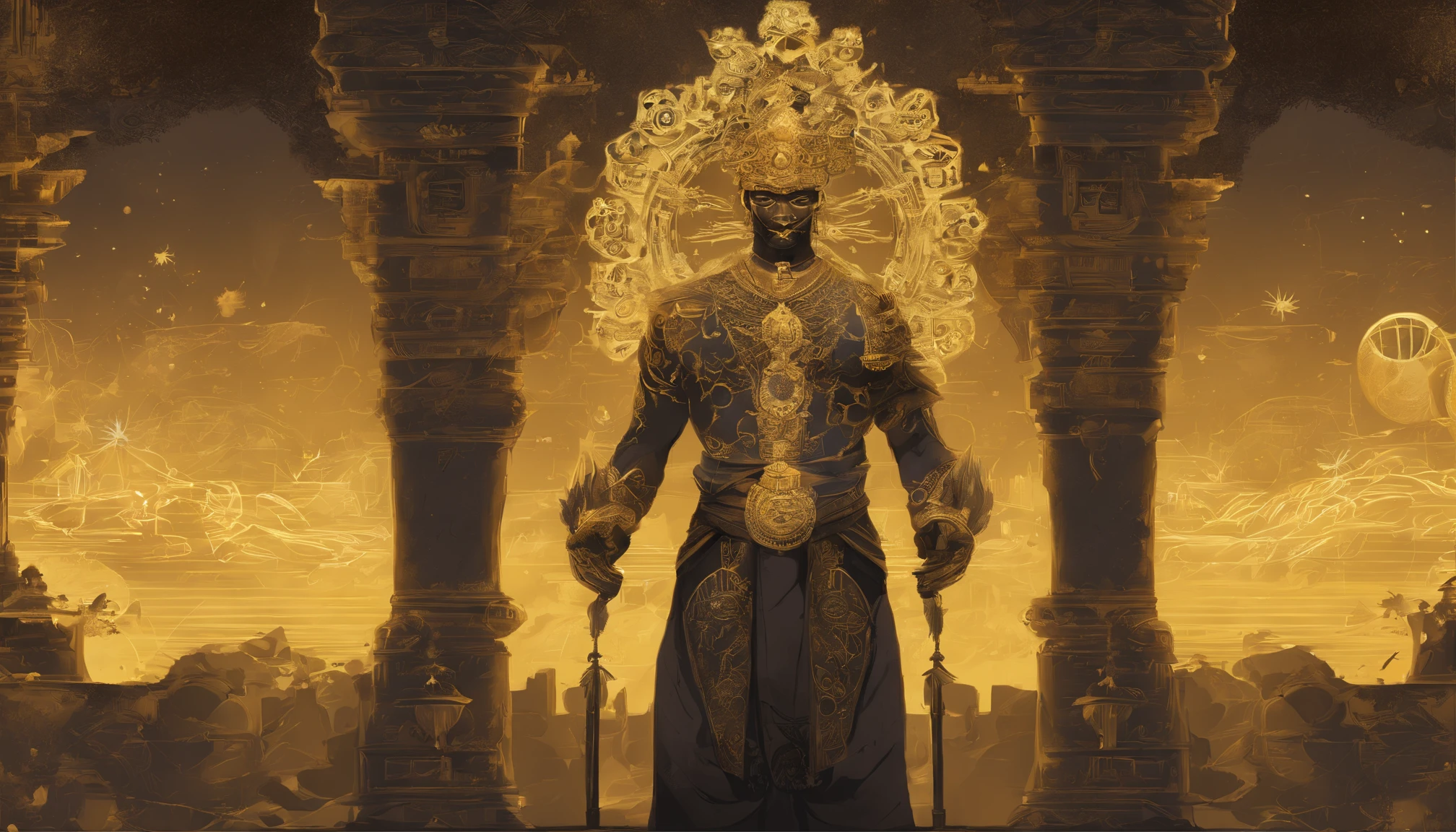 An artist's depiction of a man with dark body with four arms, yellow clothes (dhoti), the radiant ornament of gem-encrusted gold is like the bright fiber of a lotus, They have earrings in their ears, a crown on their heads and garlands around their necks,
The beauty of the zodiac is scattered from limb to limb,