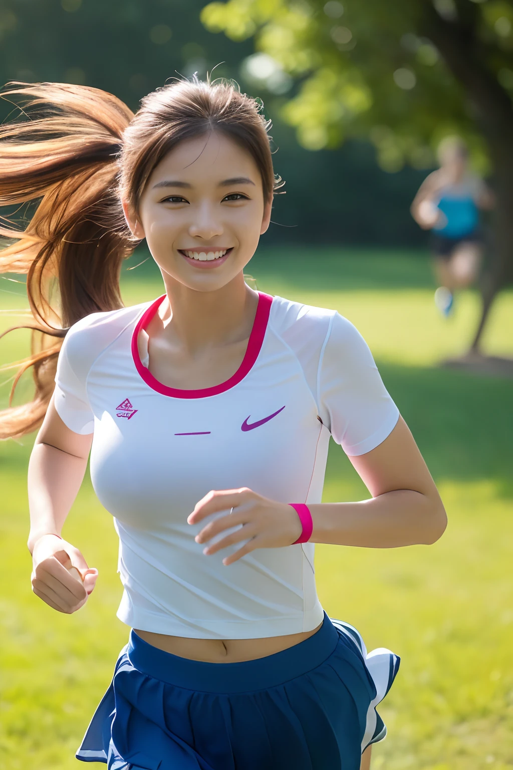 ((1 schoolgirl,Women's Sports T-Shirts,Sports T-shirt,sports wear,Pink sportswear,The background is a lawn surrounded by nature)),(((running,Running,jogging,run,Running Pose,Swaying hair,the wind,Emphasize body lines,large full breasts))),((The biggest smile staring at the camera,Looking at the camera)),((Top image quality, Top image quality, masterpiece, 独奏, Long wavy ponytail,long pony tail,Wave Ponytail)),(((masterpiece))),(White teeth,Perfect smile,A big smile staring at the camera),((high-definition RAW color photography, professional photograpy, extremely delicate and beautiful, Extremely detailed,finely detail, Huge file size,Top image quality,8K,Photos taken with a single-lens reflex camera))
