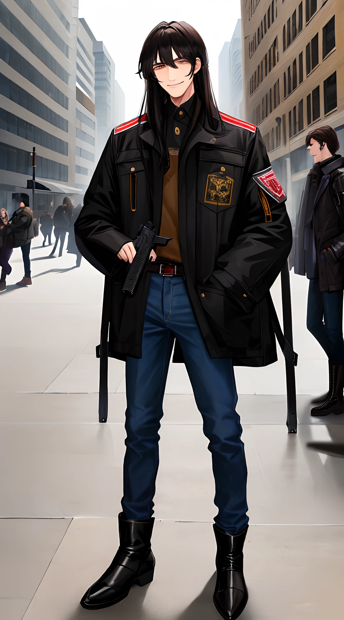 25 year old man, long black hair down to the floor, carrying two magnum pistols, long parca jacket, levis pants, brown boots, in the middle of the city, with a scary smile